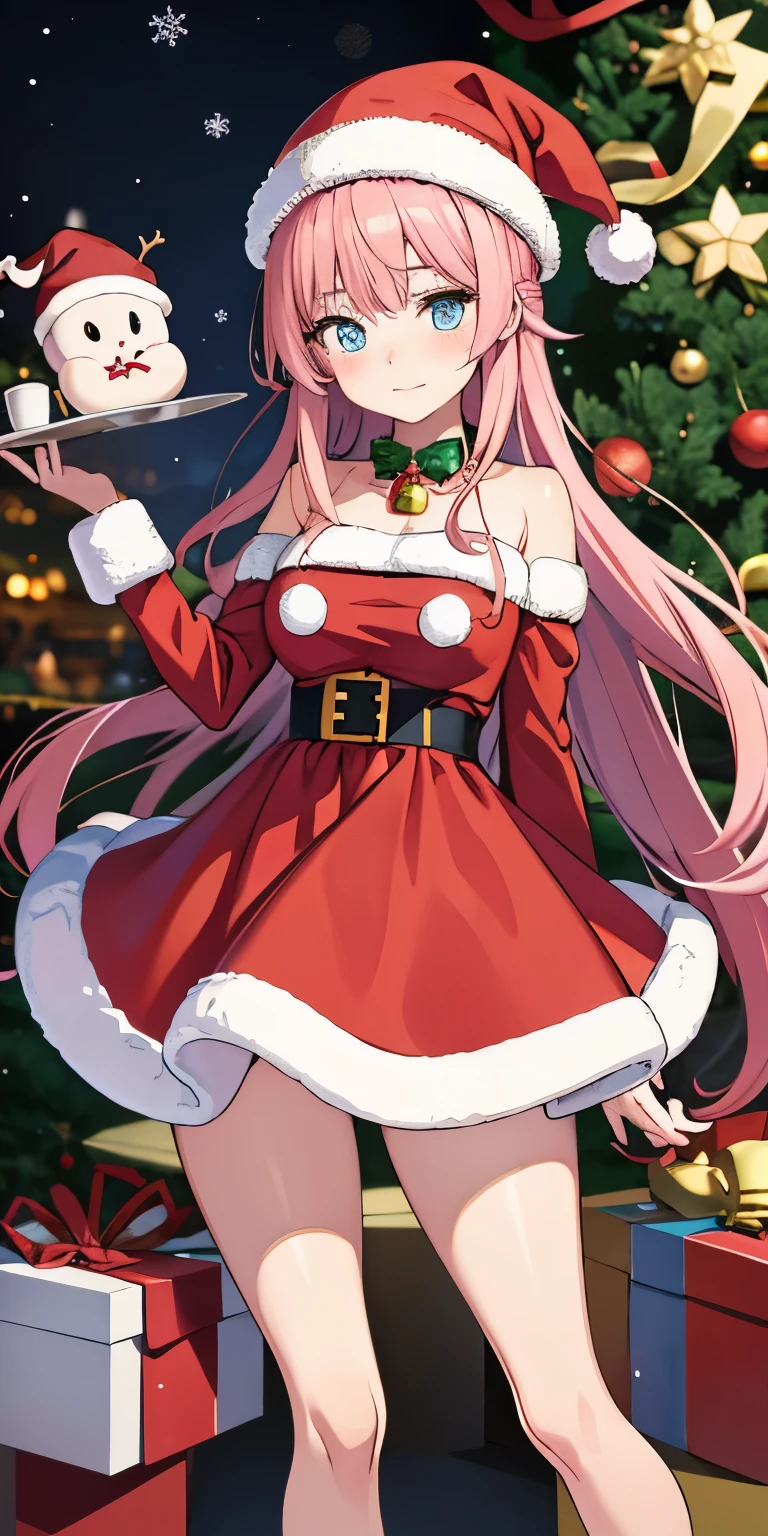 anime girl in santa outfit with bell and christmas hat, pink hair, blue eyes, shy blushing facial expression, oppai, ecchi, ecchi anime style, seductive anime girl, pixiv 3dcg, at pixiv, pixiv, top rated on pixiv, made cg animation studio, based from promo art by onigiri kun, christmas decorations background, matured woman, 8k!, shiori arima