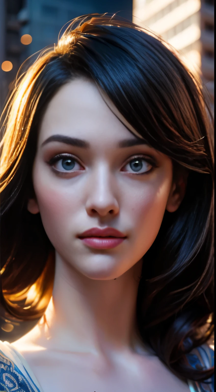 photo of Kat Dennings, RAW, beautiful woman, ((portrait)), ((detailed face:1.2)), ((detailed facial feature, detailed skin, clear skin), (perfect proportioned body), (wearing a colorful dress) (high detailed city environment, apartment balcony), (realistic photo, best quality, detailed), (8k wallpaper), (cinematic lighting, dramatic lighting) (sharp focus, intricate)