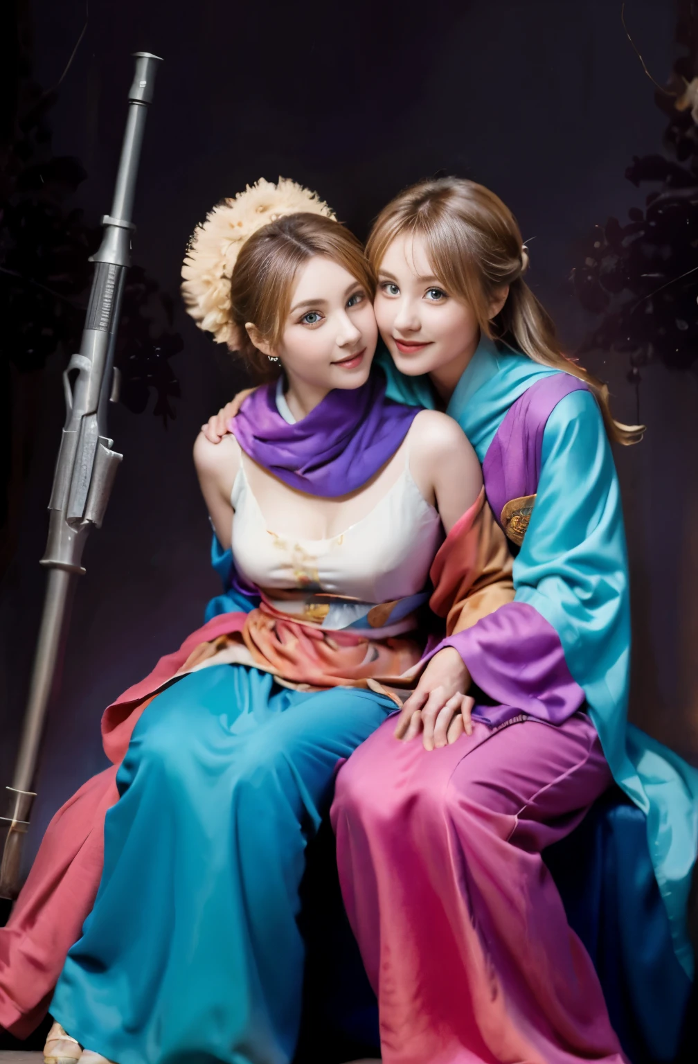 All faces and pictures must be different, two female oen soldiers with colorful robes, sitting,dynamic pose,big eyes, magical world,fantastic world