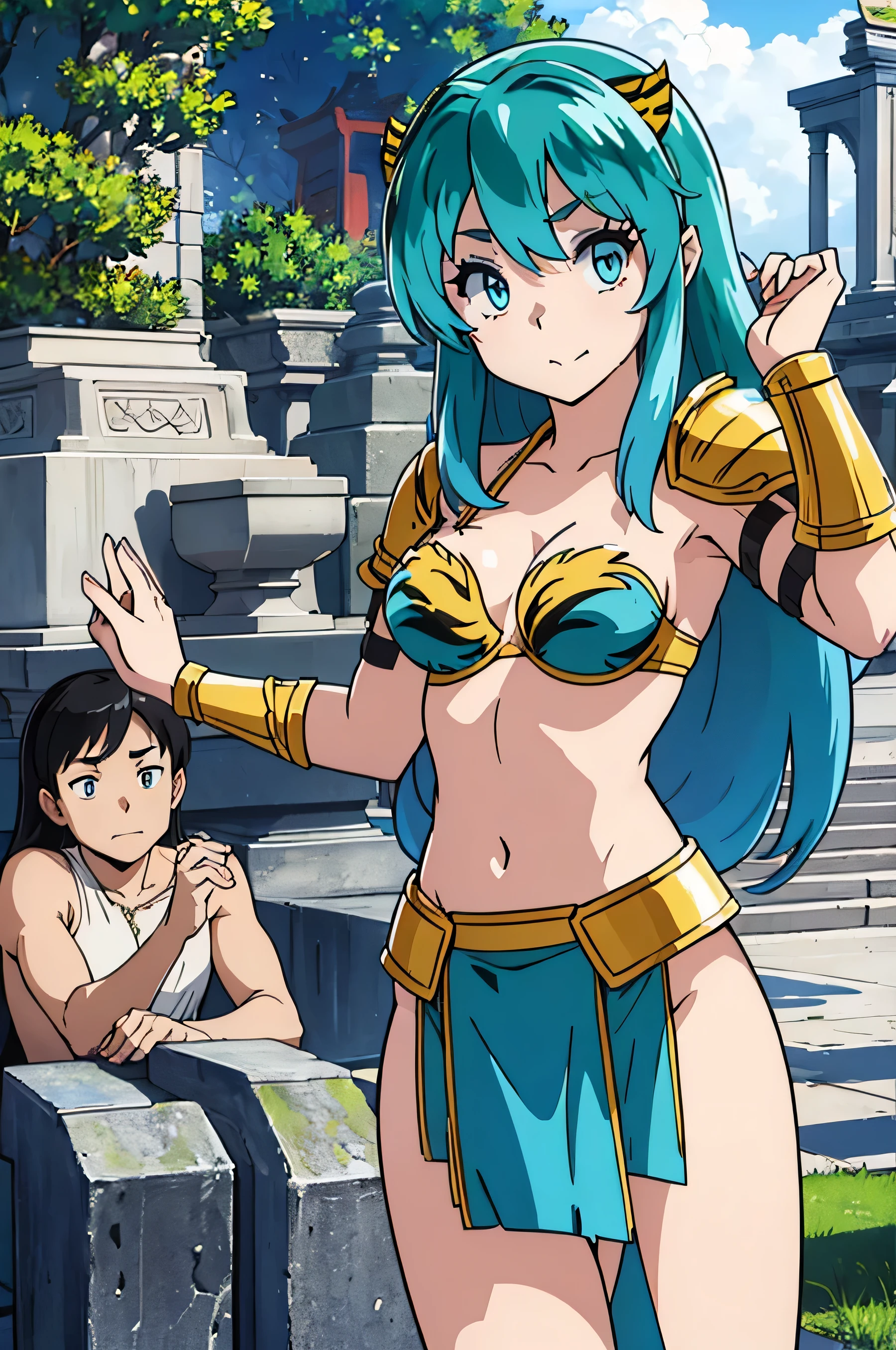 top-quality、ultra-detailliert、Blue eyes、Colossal tits、Green haired、small yellow horns２There are books、1 female、Ram、Tiger print bikini、(((High-leg armor)))、i can see the cleavage、Long straight hairstyle、has a beautiful straight sword、Store it in a shining sheath and wear it on your waist.、in the background is a ruined temple、i&#39;I&#39;m a little worried、(((Forward View)))