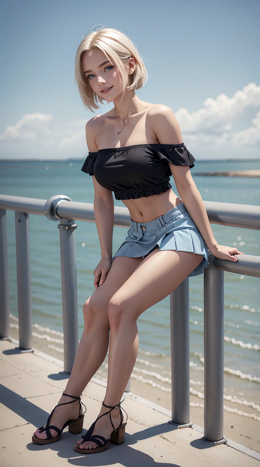 24-year-old Caucasian woman、hair is platinum blonde、Eye color is blue、Very short、Slender but well-proportioned muscular man、She is wearing an off-shoulder top with frilly frills.、She is wearing a low-rise pleated skirt.、Wearing sandals、Leaning on the railing at the seaside park in town、a smile