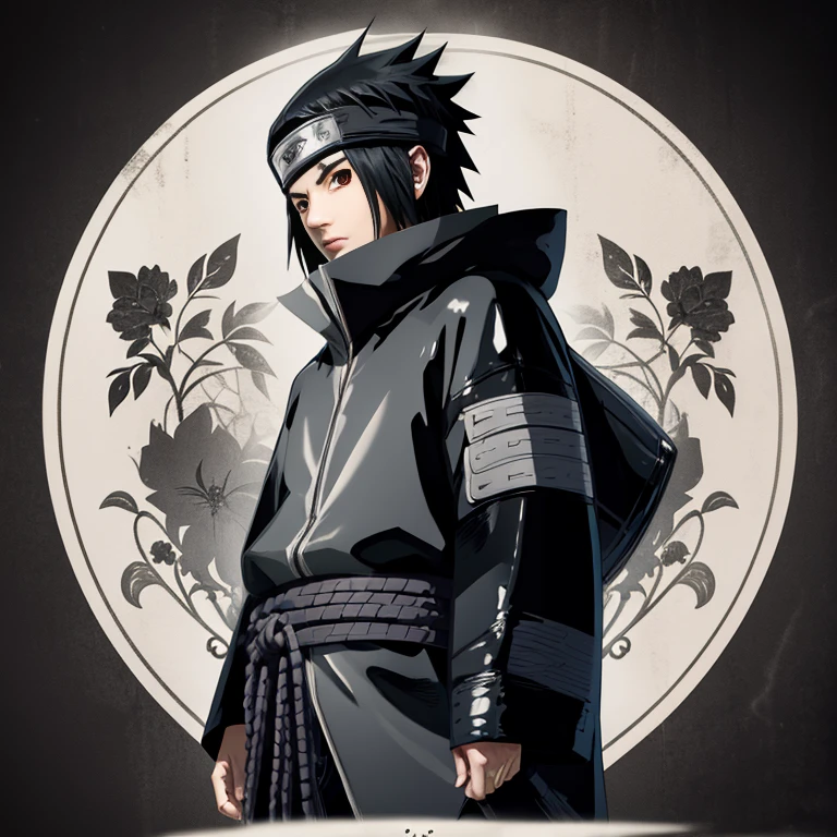Make the image of Sasuke Uchiha how is it in the manga, image, in black and white and black jacket