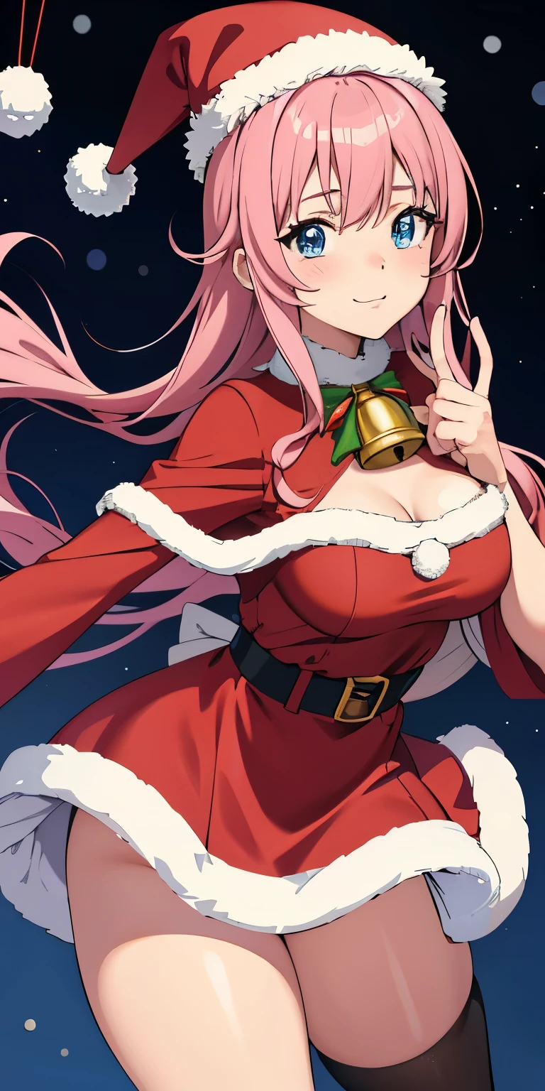 anime girl in santa outfit with bell and christmas hat, pink hair parted to the side, blue eyes, shy blushing facial expression, oppai, ecchi, ecchi anime style, seductive anime girl, pixiv 3dcg, at pixiv, pixiv, top rated on pixiv, made cg animation studio, based from promo art by onigiri kun, christmas decorations background, matured woman, 8k!, shiori arima