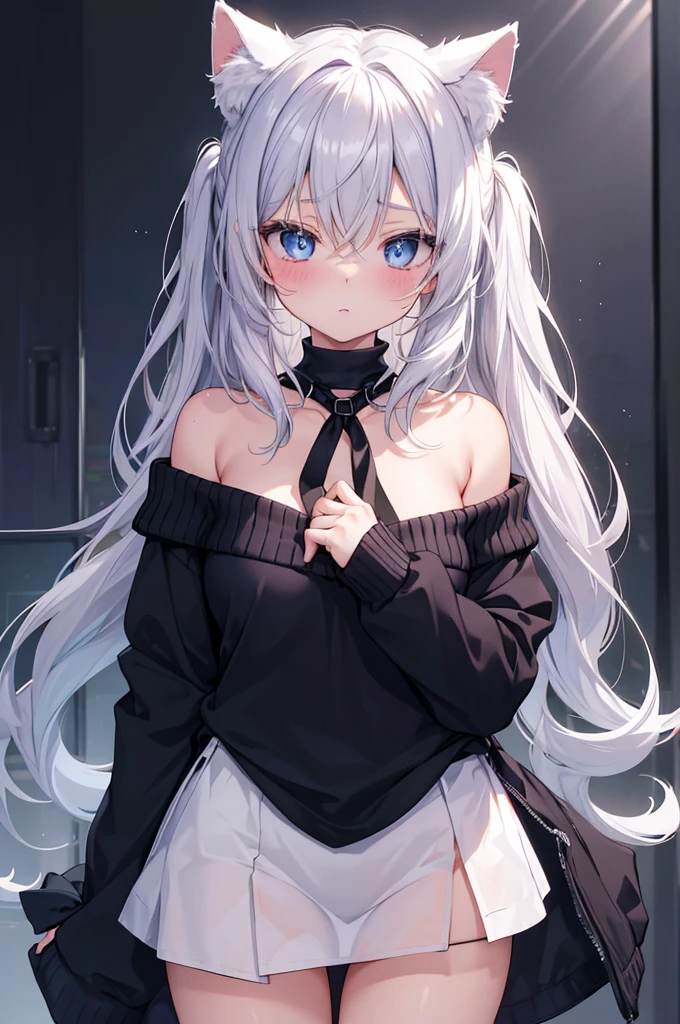best quality, ultra precision, 1girl, cute, , young, boyish, childish, big breasts, silver hair, cat ears, blue eyes, beautiful eyes, girl, ecstasy, sailor collar, estrus, metestrus, start to undress, naughty mood, she loves you, lost virgin, virgin, blush, sexy, beautiful skin, big bow on chest I'm not wearing panties BLUE SWEATER, BLACK SHIRT, SHIRT UNDER SWEATER, OFF SHOULDER TOP) Tsundere