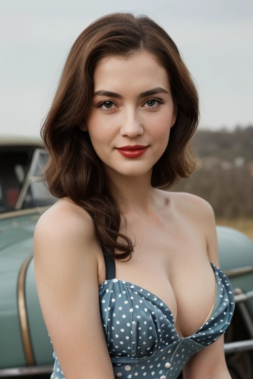 A watercolor pin-up painting of a stunning beautiful girl, auf der Motorhaube eines Hudson Hornet-Oldtimers . aus den 1950er Jahren. ((1人 , nur)), ((1 Personen)) langes, kurviges Haar und ein tailliertes rotes Kleid tragen ,with white polka dots on the dress, , Sonnenbrille auf dem Kopf. The overall mood of the image should be characterized by glamour, having fun, und Abenteuer. Meisterwerk Pin-up-Kunst von Girl Elvgren.