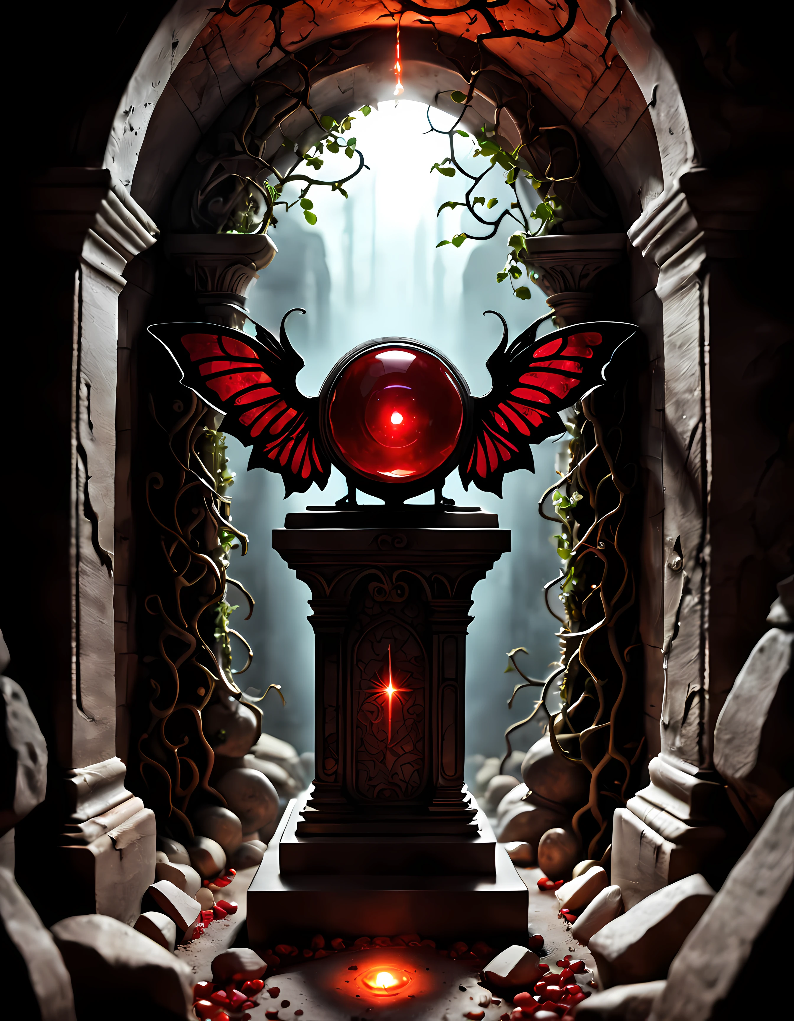 Cute Cartoon, CuteCartoonAF, (cute cartoon style:1.3), (view through a narrow crack in the crypt wall:1.3). | ((A mysterious ancient relic atop an ortaned pedestal)), covered in dust. | The relic is made of black polished obsidian, intricate carvings of intertwining vines and delicate wings adorn its edges, an eerie captivating aura. | A deep red gemstone glows softly at the center of the relic, radiating with otherworldly luminescence. | More_Detail