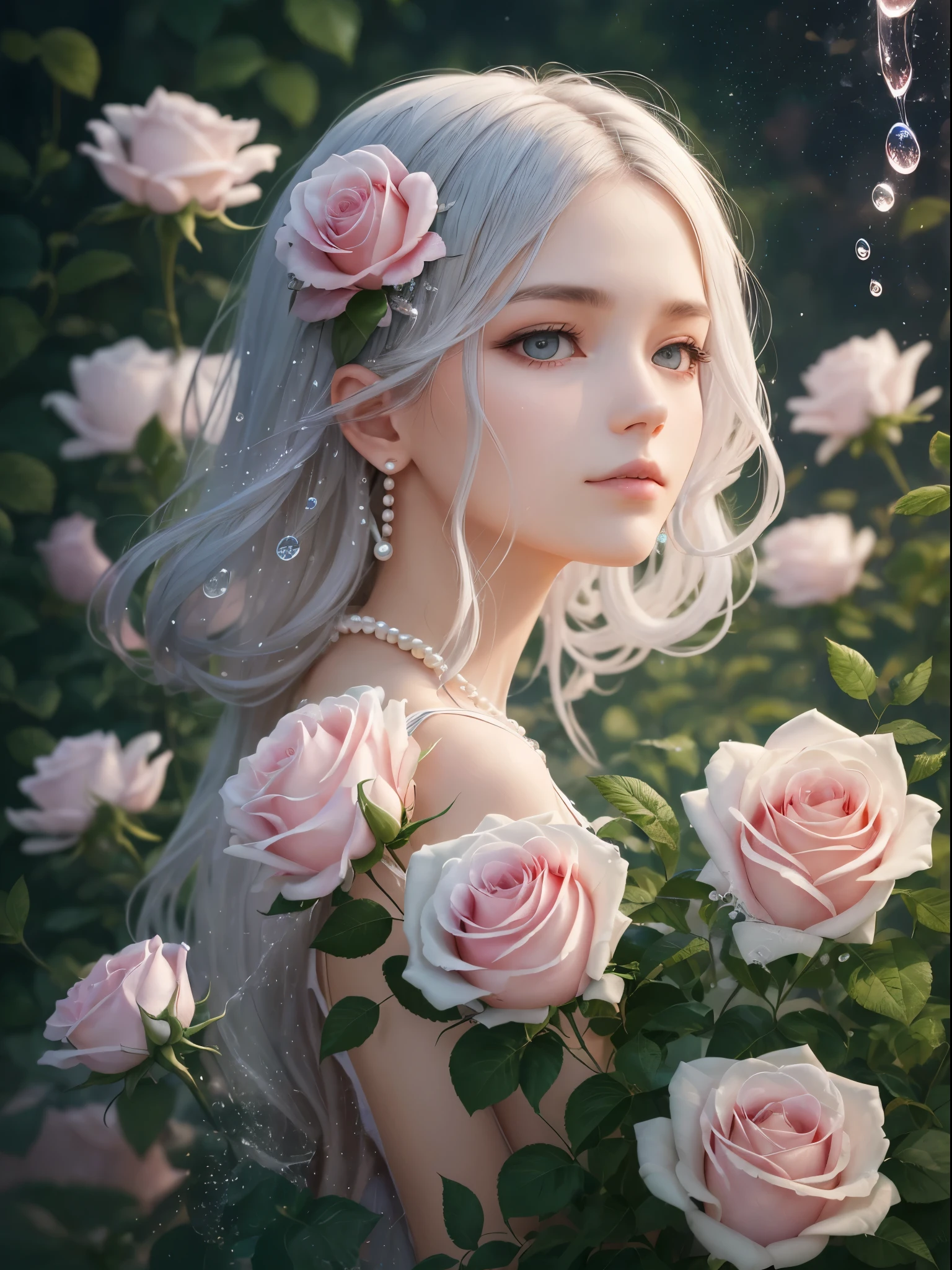 Delicate branches of roses, ultra-transparent, holy light, beautiful spectral light, petals glowing, shimmering, surrounded by light mist, transparent droplets, reflected light, bright, light flowing in, optics, portrait contours, sharp focus, magical, intricate, surreal, fantasy, composition, light, trends on artstation, pearls, water drops, patron clouds of silver vapor, corrosion enveloping ray family, 8k, ureal ar 23v4 uplight --auto --s2