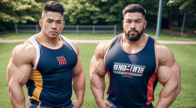 (Very detailed 8k wallpaper), two asian men, muscle worship, arms folded, On the playground, high detailing, buzzcut, very large and strong body, bulging muscles, well-muscled, very large pectoral muscles. Very sexy abs, legs are well-muscledの, Toned figure, lightens oily skin, well-muscledの, Tank top, T-shirt, longshot, Wide Shot