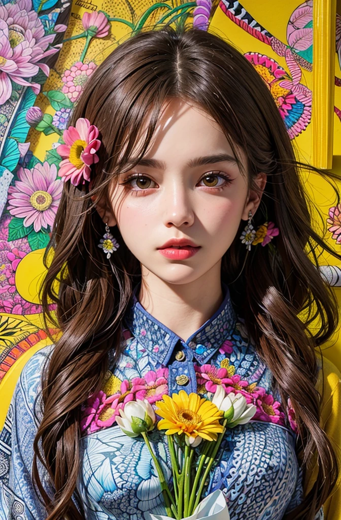 (ultra-detailed background, detailed background), absurdres, highres, ultra detailed, extremly detailed, 1girl, (bunch of flowers:1.3), (zentangle:1.2), (geometric:1.2),(colorful),