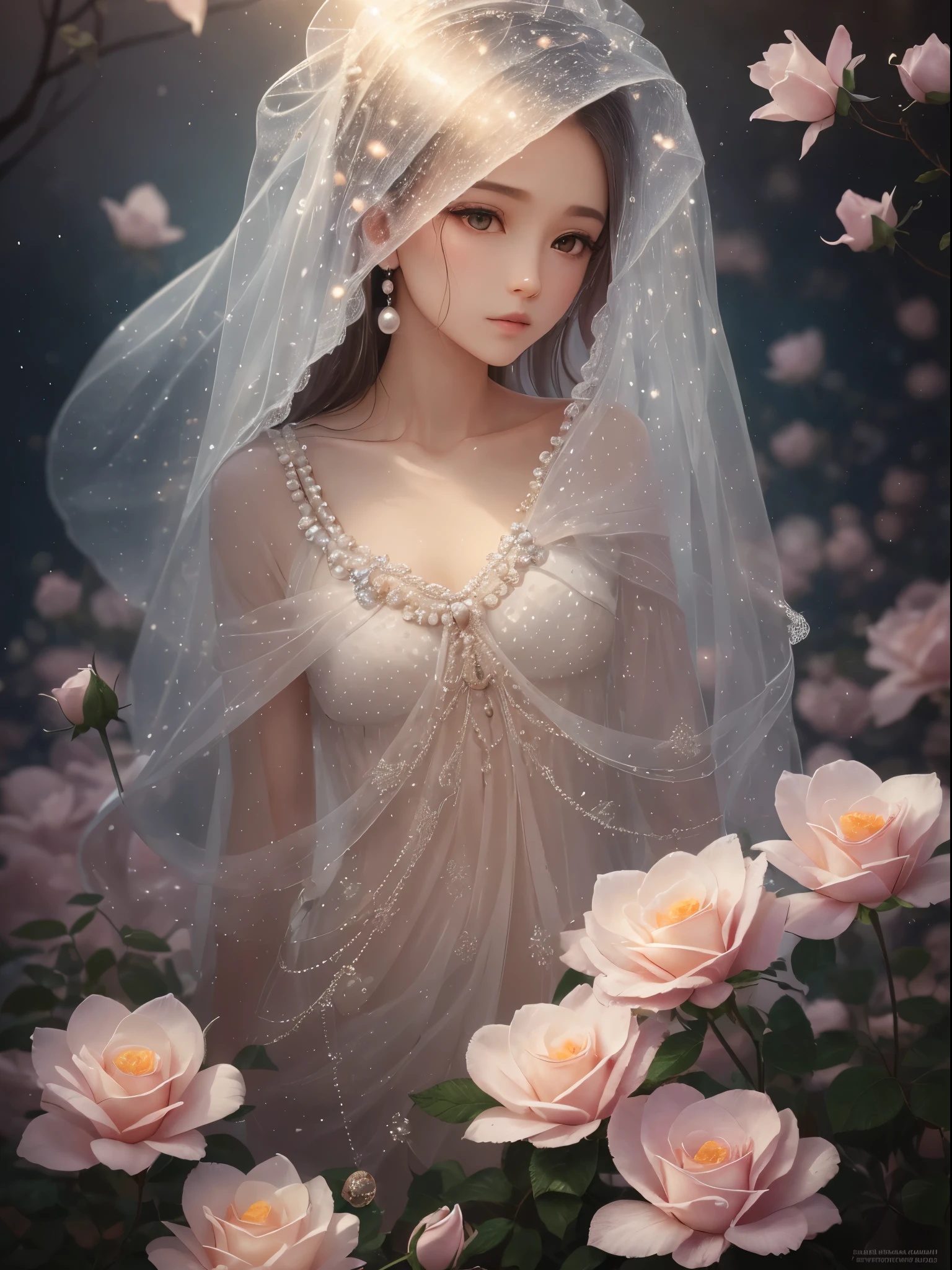 Delicate branches of roses, ultra-transparent, holy light, beautiful spectral light, petals glowing, shimmering, surrounded by light mist, transparent droplets, reflected light, bright, light flowing in, optics, portrait contours, sharp focus, magical, intricate, surreal, fantasy, composition, light, trends on artstation, pearls, water drops, patron clouds of silver vapor, corrosion enveloping ray family, 8k, ureal ar 23v4 uplight --auto --s2