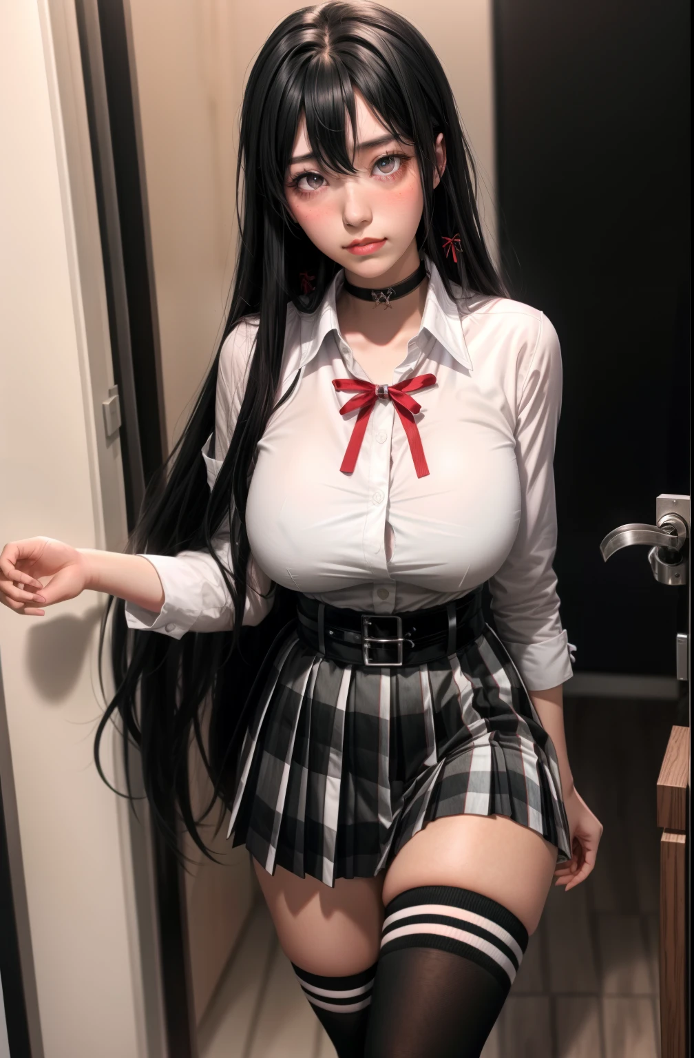 1 girl as yukino yukinoshita, absurdres, highres, solo, school uniform, big breasts, waist long black hair, (twintails:0.5), miniskirt, black thighhigh socks, loose red ribbon, unbuttoned white shirt, (ahegao:1.1), (rolling eyes:1.1), pov_doorway blush, looking_at_viewer