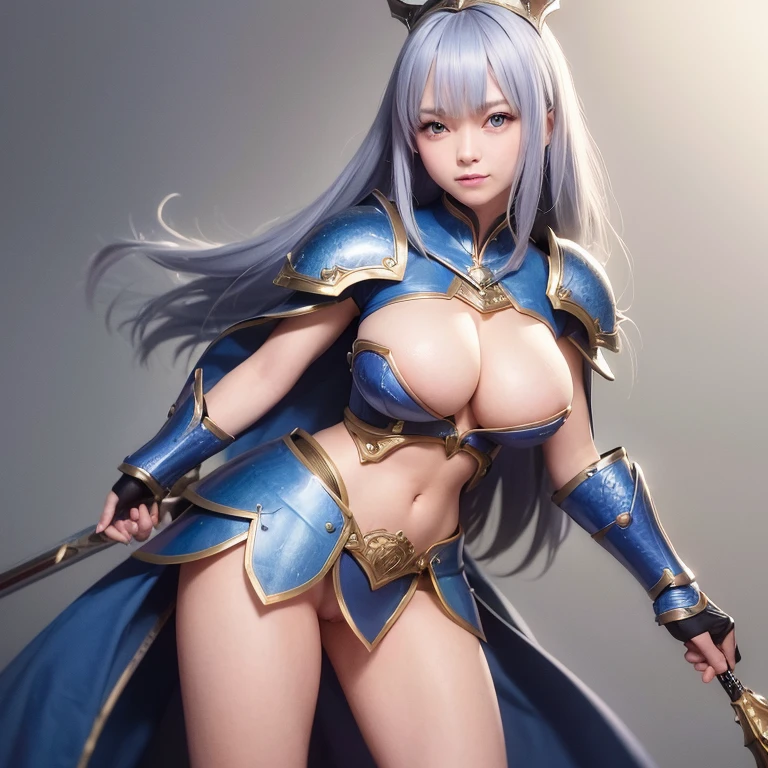 Super detailed, masterpiece, best quality, 1 beautiful female knight girl wearing skimpy armor, glamorous, blue bikini armor, (Navel armor:1.5), ( super low-rise metallic armor slit micro miniskirt:1.5), microminiskirt made of thin iron plates,(super low-rise:1.5), Hiphugger, (no panties:1.6), nipples made of thin blue iron, nipplecover made of thin blue iron, cleavage, (underboobs:1.4), sideboobs, blue shoulder armor, revealing clothes, blue metallic armor headwear, large breasts, blue long hair, bangs, thighs, (pussy:1.2), NSFW,big boobs, slutty, midrif, smile, open legs, pussy, holding and swing a magic sword