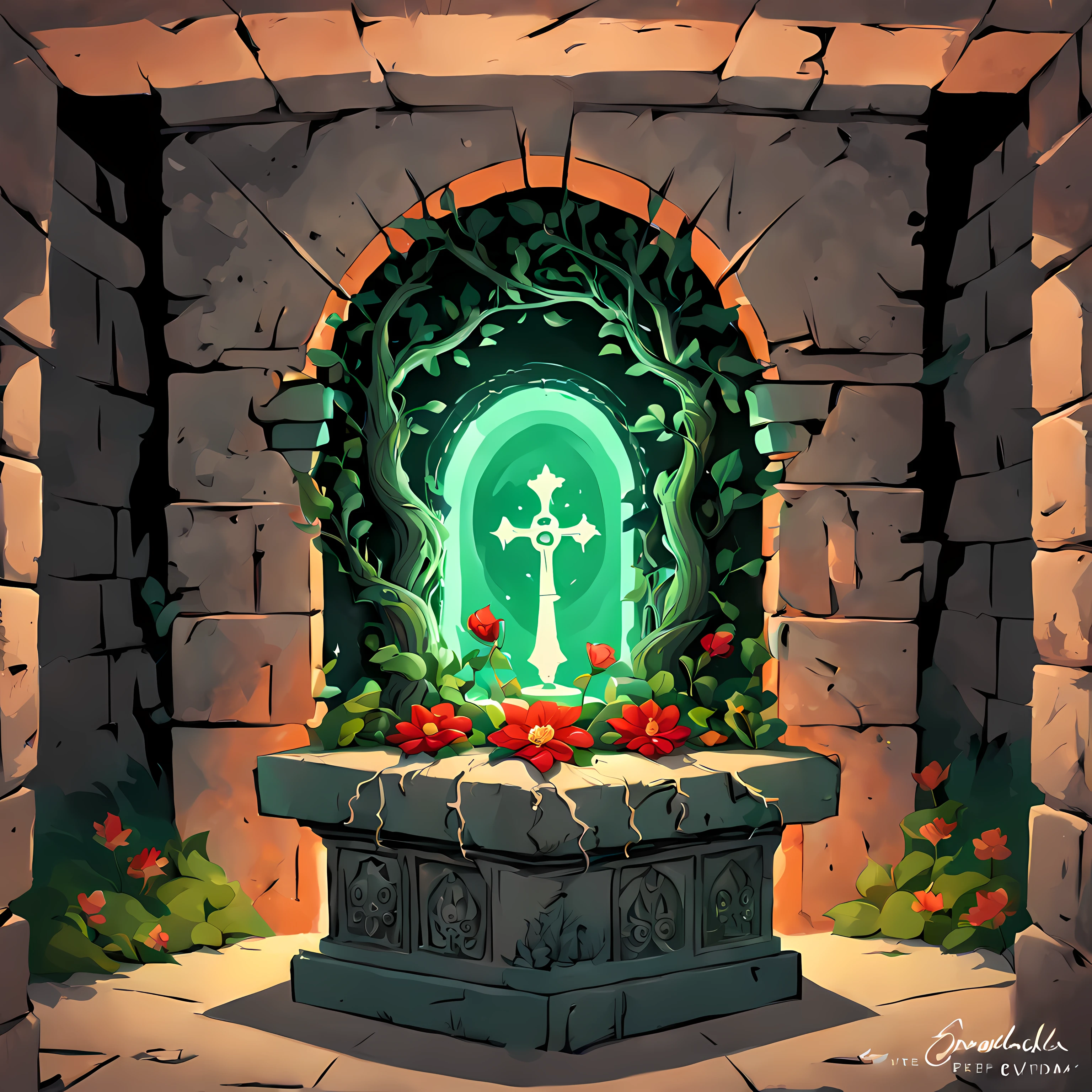 Cute Cartoon, CuteCartoonAF, (cute cartoon style:1.3), (view through a narrow crack in the crypt wall:1.3). | ((A mysterious ancient relic atop an romantic pedestal)), covered in dust. | The relic is made of red (wood), intricate carvings of intertwining vines and delicate flowers adorn its edges, an eerie captivating aura. | Shiny (emeralds) glows softly at the center of the relic, radiating with ((otherworldly)) luminescence. | More_Detail