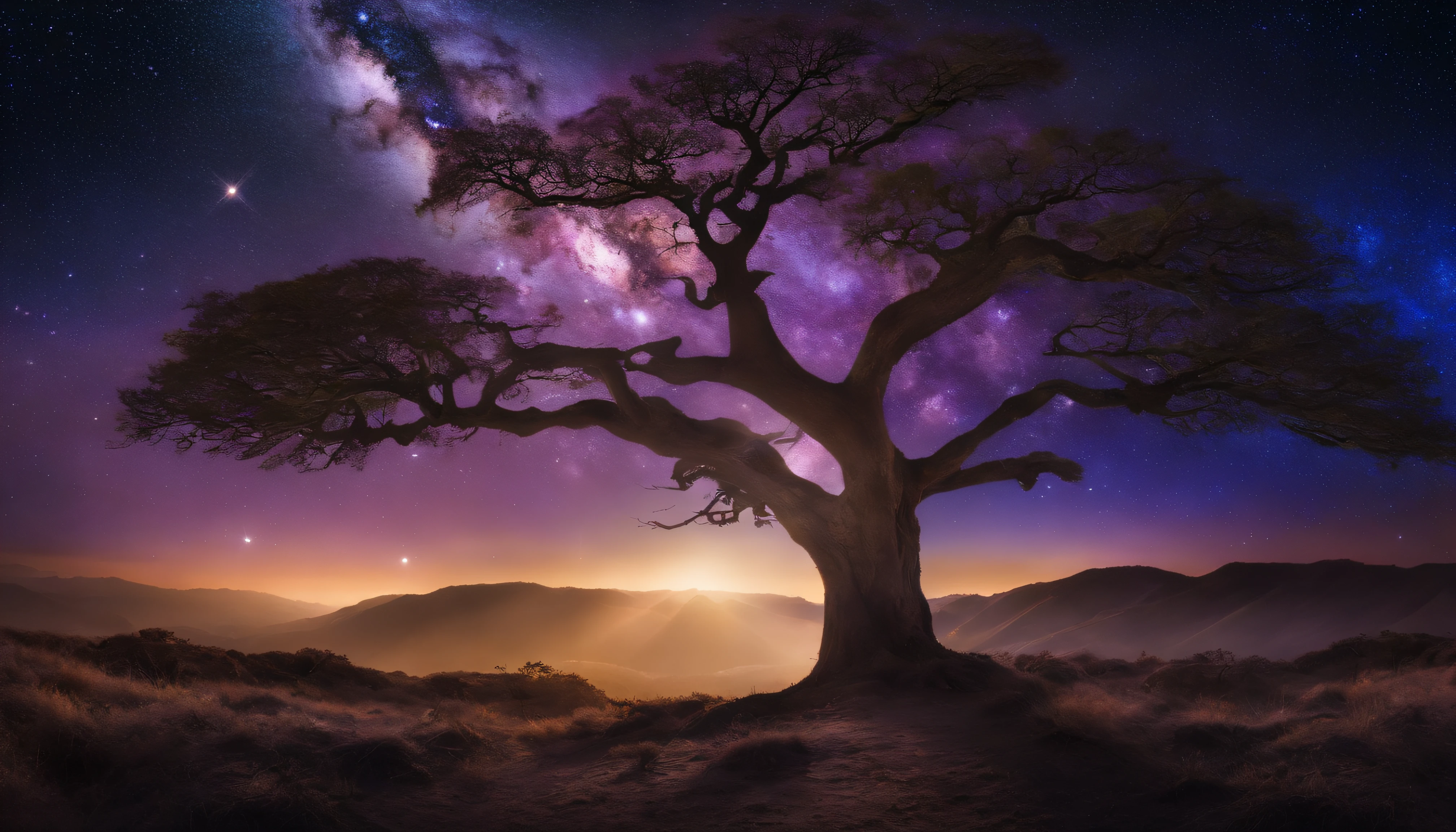 Faces in deep meditation, peaceful, Radiance and Sutil Aura, Purple universe, stars and galaxies, Soft, ethereal clouds, connectedness, majestic tree, Roots firmly rooted in the earth, branches extending towards the stars, ton amarellado, pass interior, Cosmic harmony