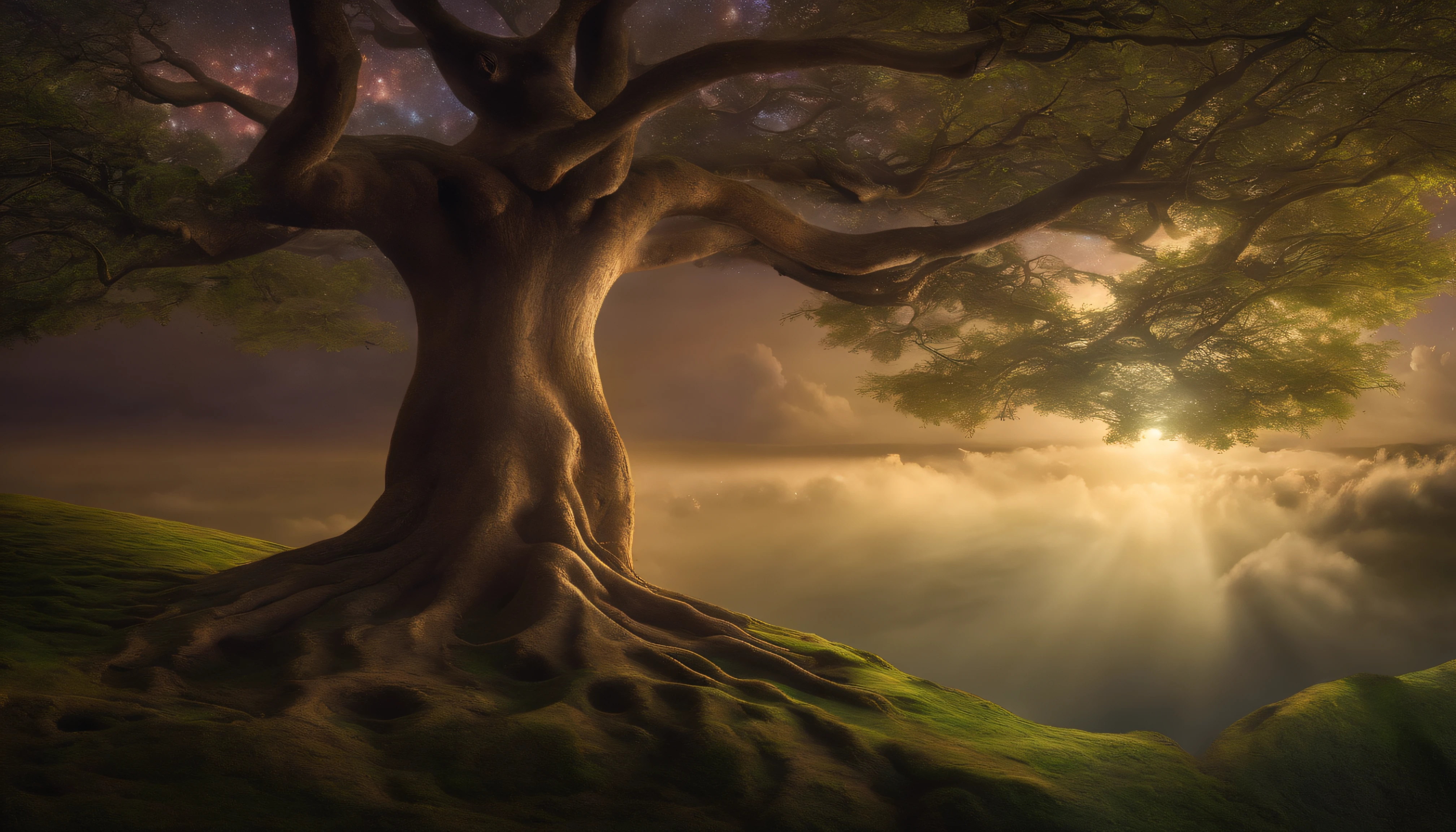 Faces in deep meditation, peaceful, Radiance and Sutil Aura, Purple universe, stars and galaxies, Soft, ethereal clouds, connectedness, majestic tree, Roots firmly rooted in the earth, branches extending towards the stars, ton amarellado, pass interior, Cosmic harmony