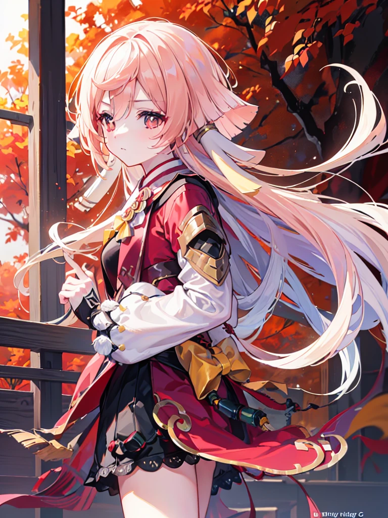 C.C., face expressionless, , (masterpieCe, Best quality at best, ultra - detailed, The best shadow, volumetriC lighting), (beautiful detailed faCe, 美丽细致的眼睛), (best illuminate),, Red eyes, Very long hair, (white straitjaCket:1.4), blaCk belt, , (Cowboy shot:1.3), Strong angle,, MKSK style, beautiful baCkground, profesional lighting, landsCape with warm Colors,