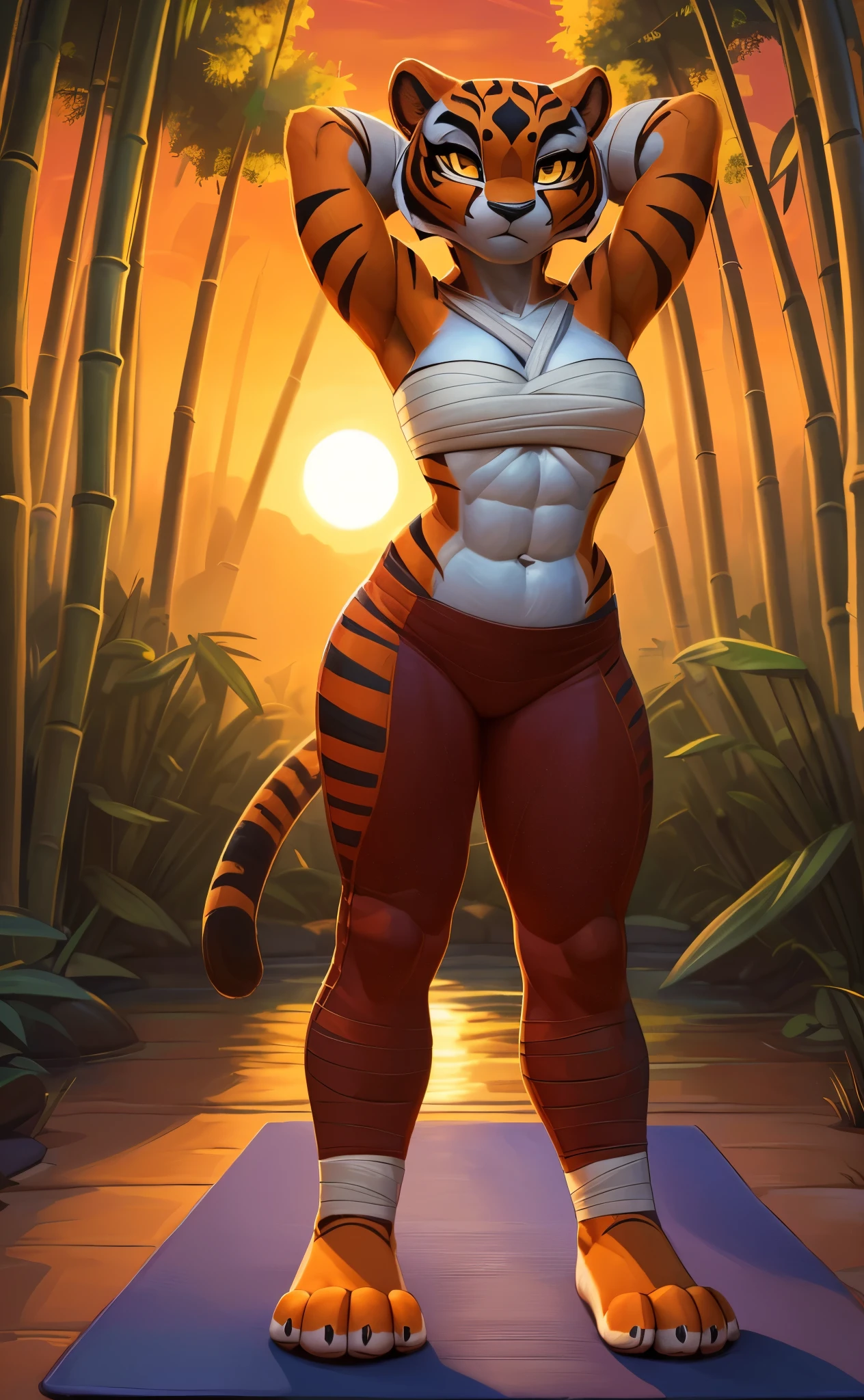 [master tigress], [Uploaded to e621.net; (Pixelsketcher), (wamudraws)], ((masterpiece)), ((HD)), ((solo portrait)), ((full body)), ((front view)), ((feet visible)), ((furry; anthro)), ((detailed fur)), ((detailed shading)), ((beautiful render art)), ((intricate details)), {anthro tiger; (orange fur), ((black stripes), black nose, (cute yellow eyes), (short eyelashes), (curvy hips), (defined abs), (beautiful legs), (beautiful paws), (expressionless)}, {(white bandage bandeau), (bandages a-crossed chest), (red yoga pants)}, {(on yoga mat), (standing), (hands behind head), (looking at viewer)}, [background; (bamboo forest), (river), (sunrise), (orange sky), (sun rays)]