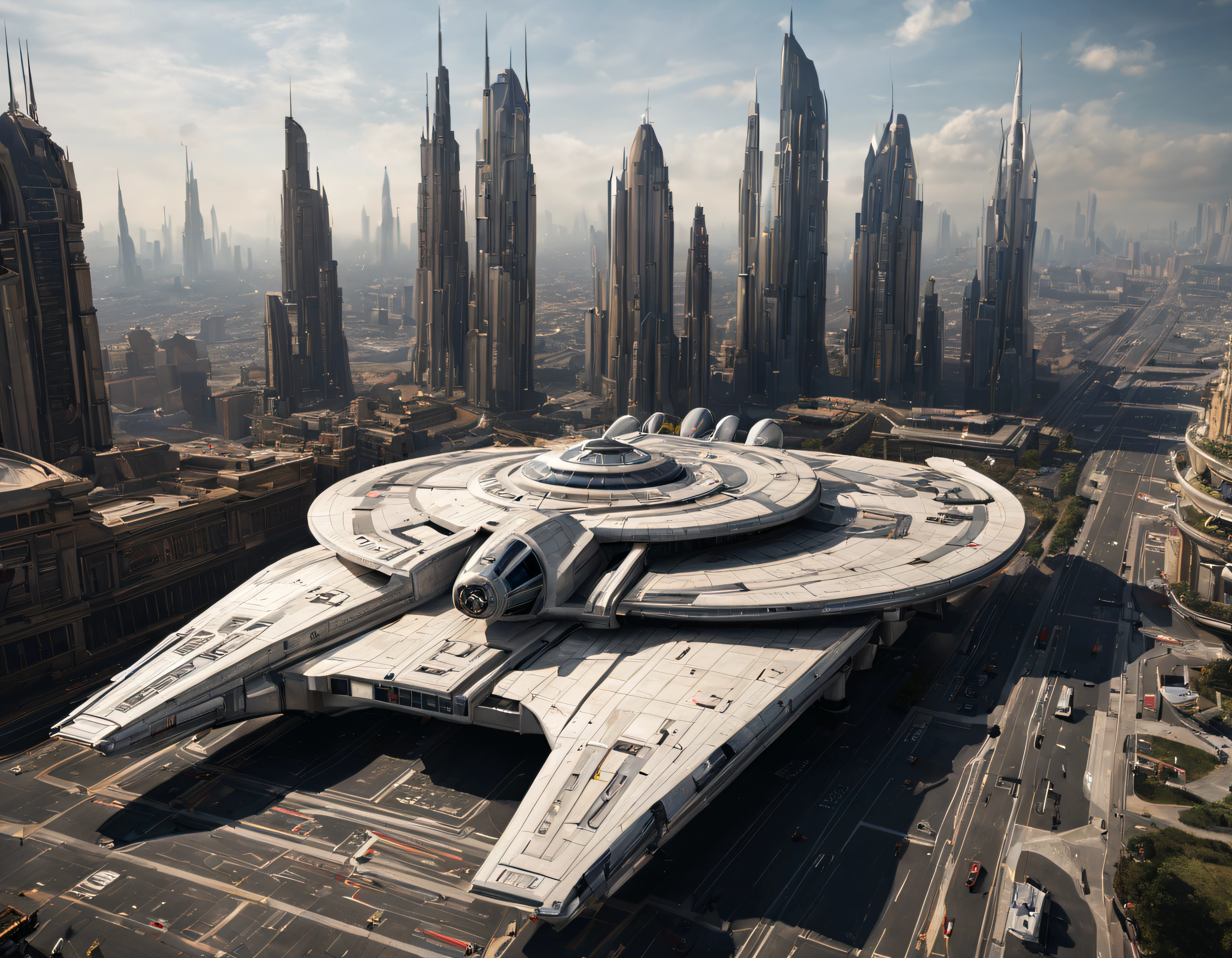 desde una terraza de la ciudad de coruscant de star wars, con sus inmensos edificios futuristas, divisandose el aeropuerto de coruscant, con una inmensa nave alargada posada, (Design by Doug Chiang), edificios del fondo nitidos y bien definidos, intrincados detalles de la maquina de la mas alta calidad, estilo cinematografico, nitidez absoluta, imagen 8k. (obra maestra de superior calidad).