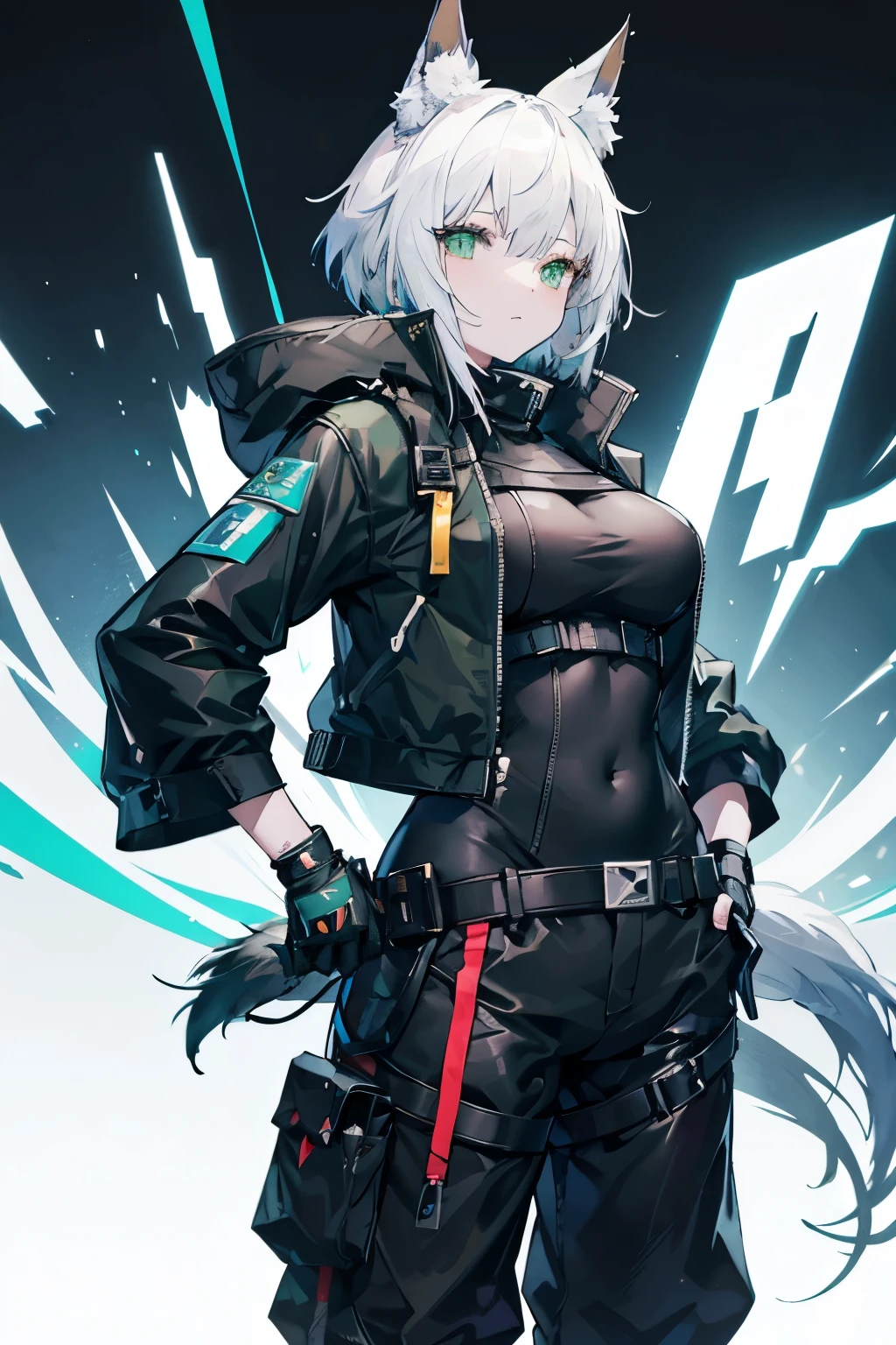 Arknights art style, arknights world,wolf girl,wolf ears,fluffy  tail,short hair,white hair,green eyes,mature body,big breasts,wearing a black and blue jacket,tactical pants,tactical gloves,