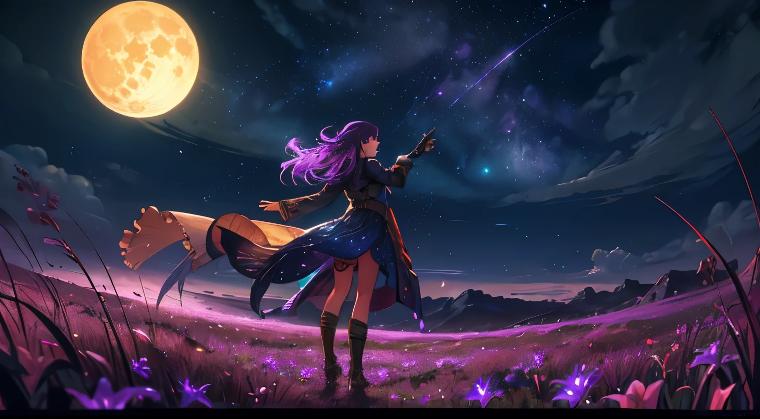 expansive landscape photograph , (a view from below that shows sky above and open field below), a girl standing on flower field looking up, (full moon:1.2), ( shooting stars:0.9), (nebula:1.3), distant mountain, tree BREAK
production art, (warm light source:1.2), (Firefly:1.2), lamp, lot of purple and orange, intricate details, volumetric lighting BREAK
(masterpiece:1.2), (best quality), 4k, ultra-detailed, (dynamic composition:1.4), highly detailed, colorful details,( iridescent colors:1.2), (glowing lighting, atmospheric lighting), dreamy, magical, (solo:1.2)