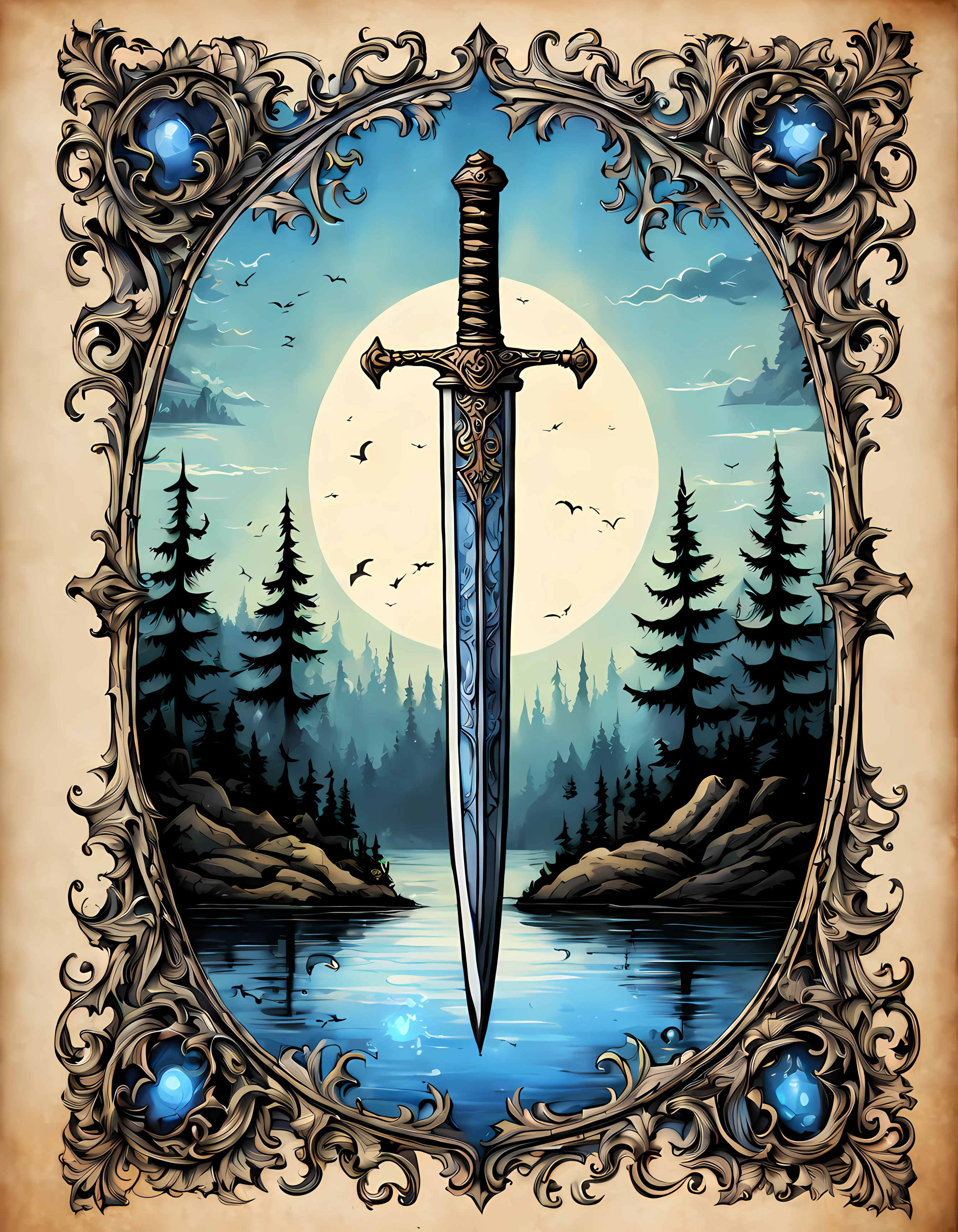 Cute Cartoon, CuteCartoonAF, (cute cartoon style:1.3), (on an antique book page with gothic ornate:1.3). | ((distant view of two legendary sword crossed)) above a lake, surrounded by tall forest. | The sword has divine captivating aura, glowing with soft blue light.| More_Detail
