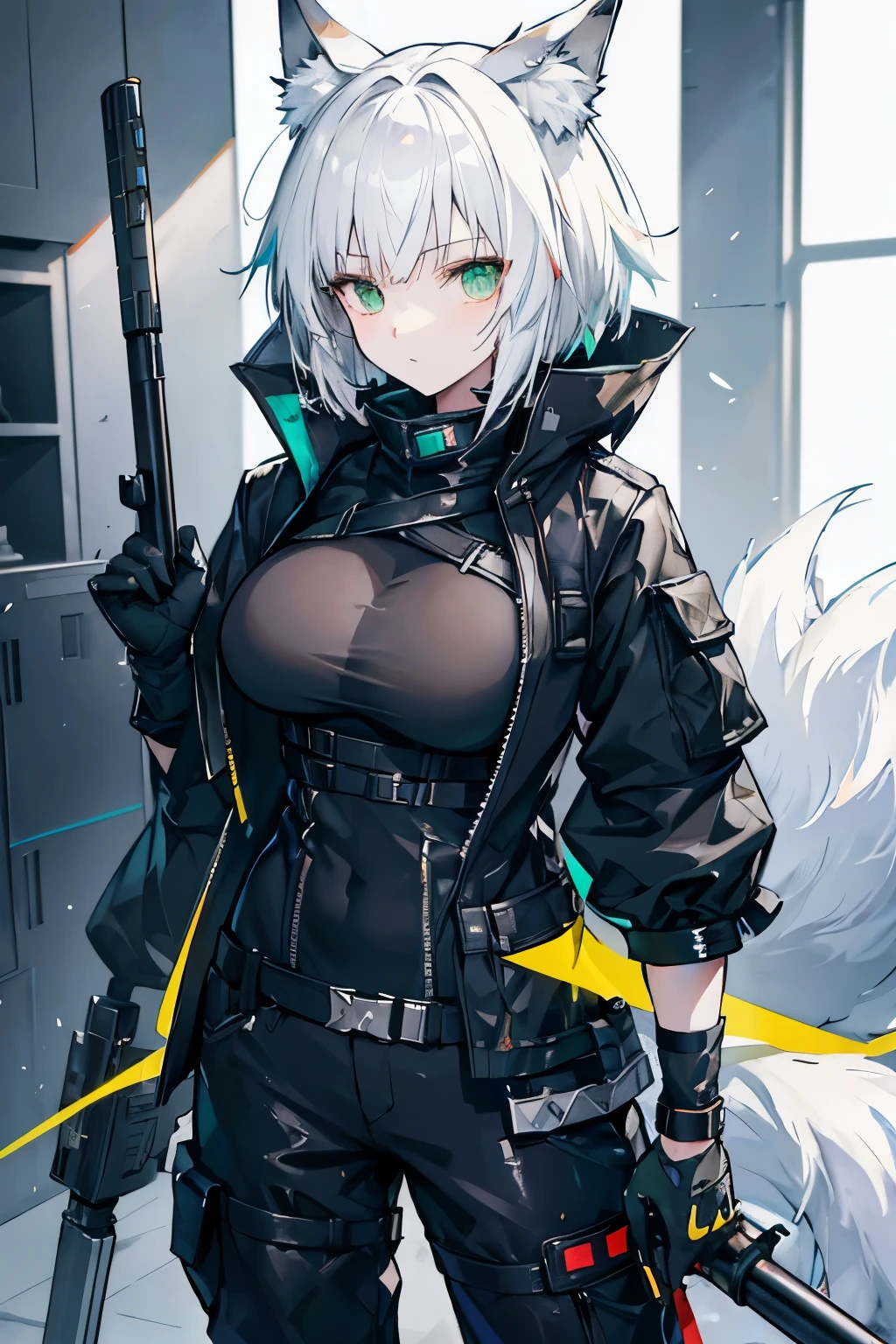 Arknights art style, arknights world,wolf girl,wolf ears,fluffy  tail,short hair,white hair,green eyes,mature body,big breasts,wearing a black and blue jacket,tactical pants,tactical gloves,