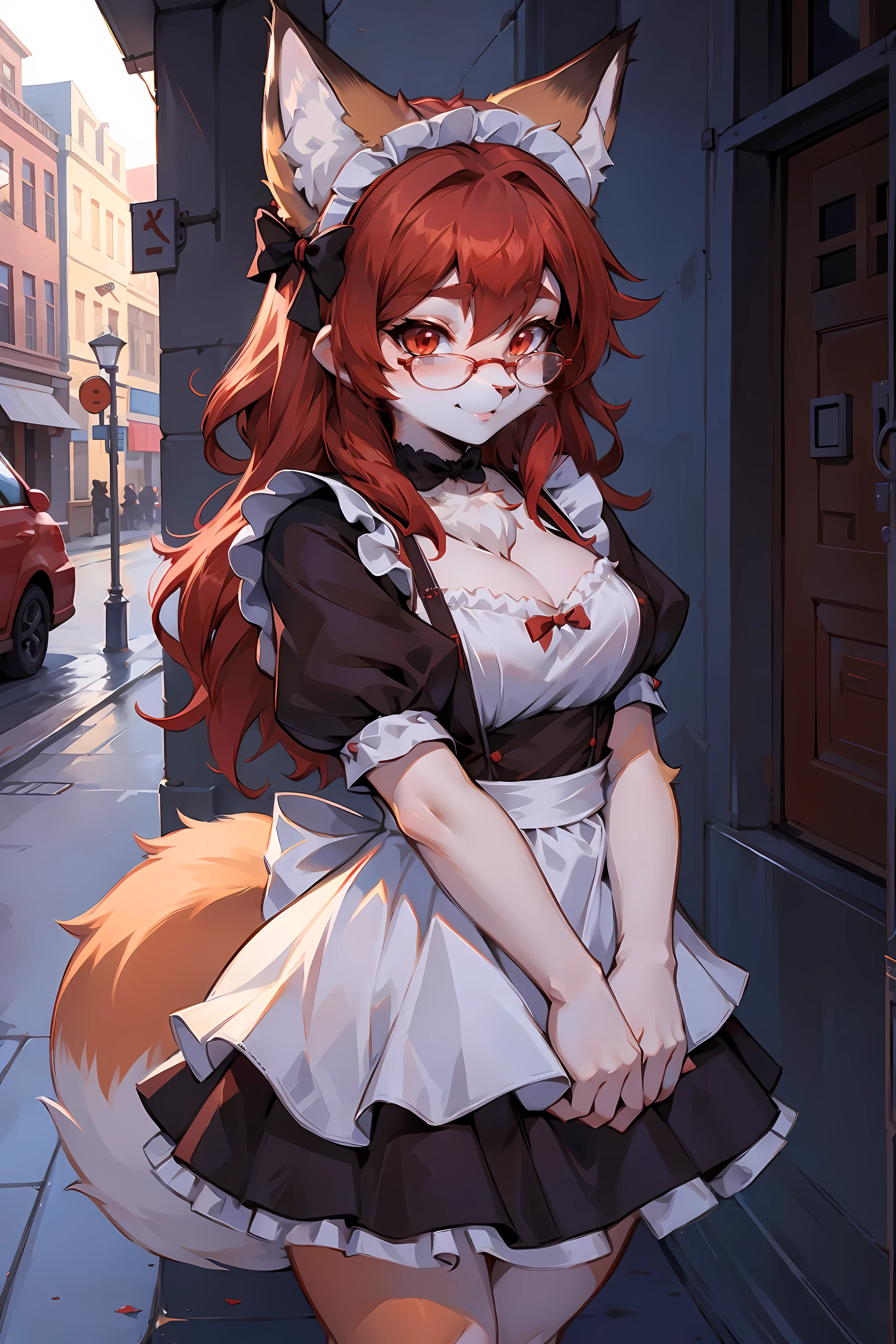 the maid outfit，Red short hair fox furry girl, fluffy hair shy, beautiful red eyes, wears glasses,  very fluffy tail, Bigchest, Bow in hair, 17 years younger, Happy , Young body, Good girl, in a skirt, the street, 可爱的Bigchest, face flushed, Want to be loved,