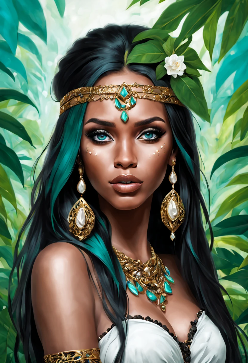 Beautiful girl in a jungle, luxury makeup, long hair, African style, beautiful, bohemian, realistic, cyan, white, black, green, gold, gems, balls, drops, rhombuses, floral, filigree, octane, brightly, close-up