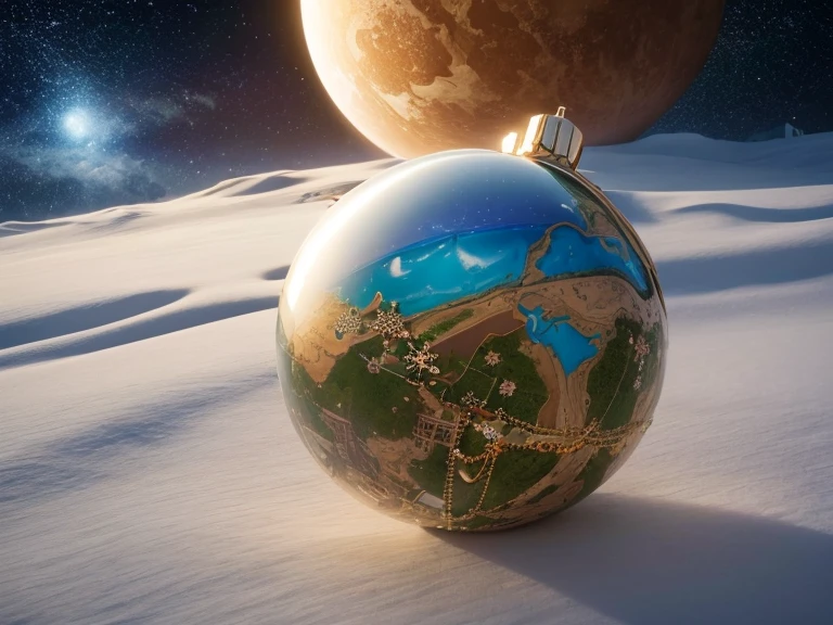 (Best Quality,4K,8K,hight resolution,masutepiece:1.2),Ultra-detailed,(Realistic,photoRealistic,photo-Realistic:1.37), A terrestrial planet hatching from a golden color, Silver, Bejeweled eggs arranged in a mesmerizing fractal pattern. When the egg cracks、Multiple dimensions await, Expressing stunning scenery and mysterious beauty. Each planet decorated with Christmas-themed wonders, Sparkling with holiday cheer. Warm, Attractive lights illuminate the scene, Cast a magical glow around you. Bright red color, Green, And gold dominates the palette, Create a festive atmosphere. An extraordinary blend of fantasy and Christmas magic, this artwork stands as a masutepiece, Let the imagination run wild、Spread the joy of Christmas down to the smallest detail.Eggs with the word CORE written on them countless times