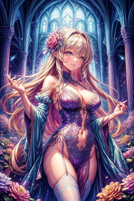 ((top-quality、8K、​masterpiece:1.3)),high-level image quality、最high-level image quality、top-quality、hiquality、slenderbody、Beautiful feceボディーライン、Beautiful fece女性、Colossal tits、Sexy style、Insist cleavage、Boob emphasis、ultra-detailliert、Beautiful and aesthetic、Beautiful fece、​masterpiece、Show off your cleavage)、garterbelts、Beautiful fece女性は, (medium length yellow hair),、Lovely smile, (Warm colors), moist, moist, Reflectors, (masutepiece) 、(Best Quality) (Detailed) , (8K) (Studio Lighting) (Convoluted) , ((Flower arch so magical and dreamy)), opulent, ethereal fairy tale, Rich pastel color palette, Ethereal dreamy theme, dreamy and detailed, The setting of a fairy tale:, (((building with many flowers)))、anime fantasy artwork, anime fantasy illustration, Beautiful feceアートワークのイラスト, Beautiful feceアニメアートwork, elaborate digital art, Convolutedな華やかなアニメCGIスタイル, anime art nouveau cosmic display, Beautiful feceアニメアート, Beautiful feceデジタル芸術作品, Beautiful feceファンタジーアニメ, Detailed anime artwork, Detailed Digital Anime Art, dreamy psychedelic anime、(Sheer Sexy Lingerie)、(sheer lingerie)、Beautiful fece表現、Beautiful fece乳房、A detailed eye、Clearly eye-catching, beautiful and alluring、Beautiful fece目、Narrow waist、Beautiful fece白い肌、red rip、((Flower decoration all over long hair))、(Perfect female body:1.4)