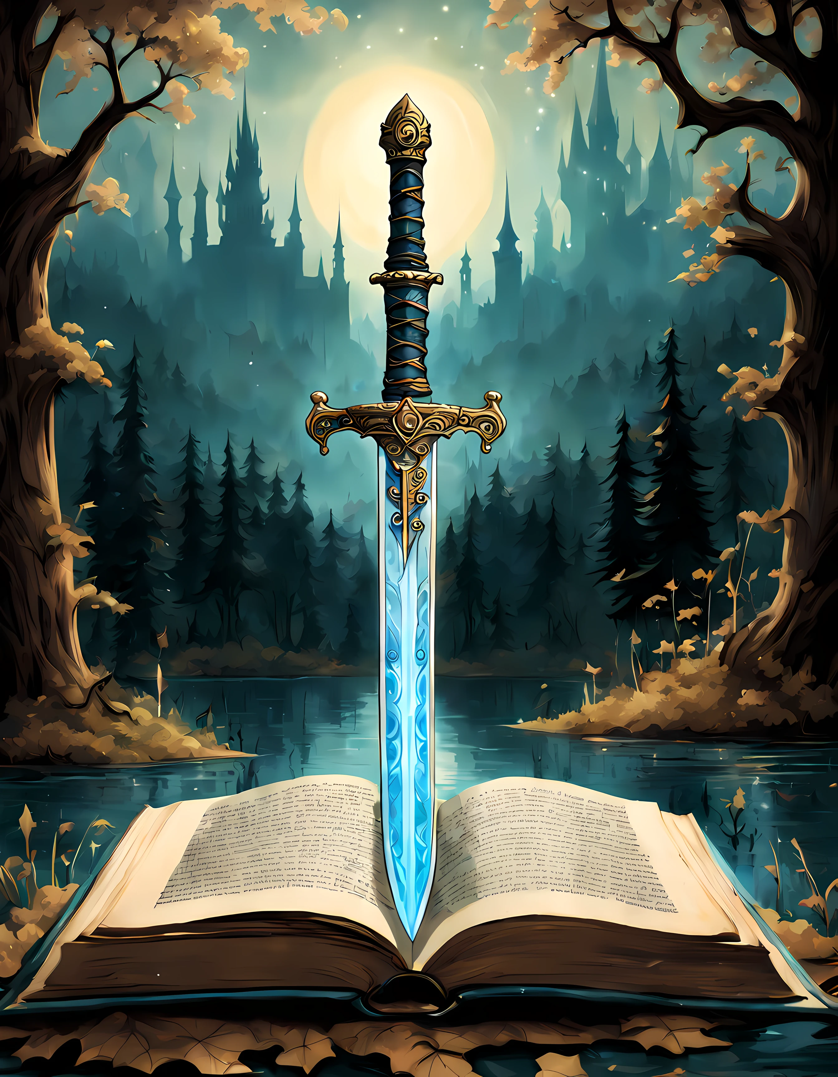 Cute Cartoon, CuteCartoonAF, (cute cartoon style:1.3), (on an antique book page with gothic ornate:1.3). | ((distant view of a legendary sword floating)) above a lake, surrounded by tall forest. | The sword has divine captivating aura, glowing with soft blue light.| More_Detail