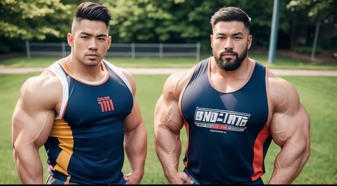 (Very detailed 8k wallpaper), two asian men, muscle worship, arms folded, On the playground, high detailing, buzzcut, very large and strong body, bulging muscles, well-muscled, very large pectoral muscles. Very sexy abs, legs are well-muscledの, Toned figure, lightens oily skin, well-muscledの, Tank top, T-shirt, longshot, Wide Shot