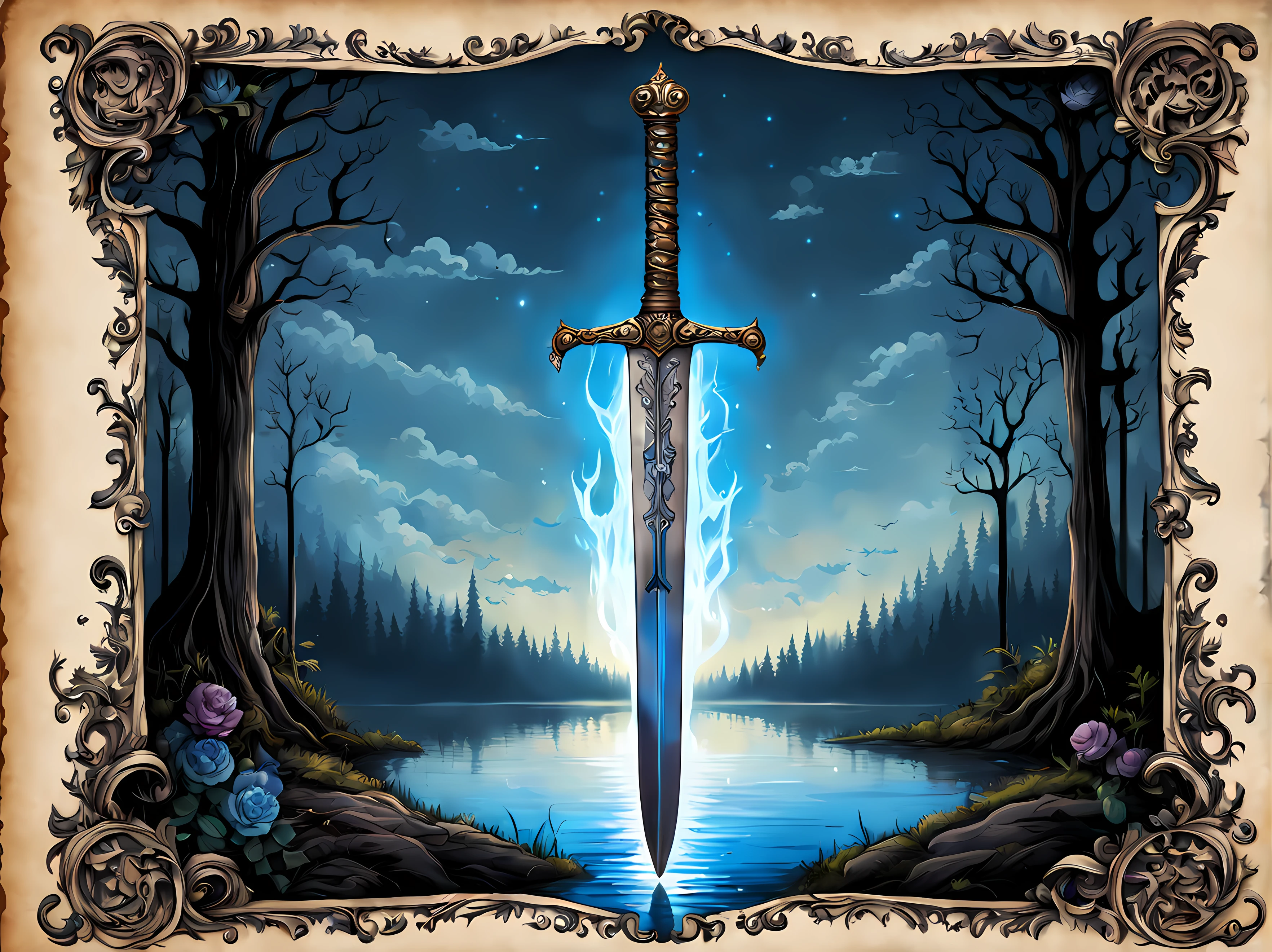 Cute Cartoon, CuteCartoonAF, (cute cartoon style:1.3), (on an antique book page with gothic ornate:1.3). | ((side view of legendary sword and shield lying)), lake, surrounded by tall forest. | The sword has divine captivating aura, glowing with soft blue light. | (((The shield has a phoenix image))), glowing with soft red light. | (Burning waves). | More_Detail