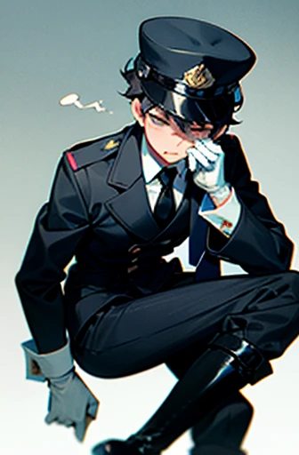 16 years old boy,Wear white gloves,Wear long-sleeved black clothes and tie,Wear a black officer's hat,Wear black pants,Wear black boots,Glove biting action,lick one's own glovee red in the face,perspire,is shy,relaxing