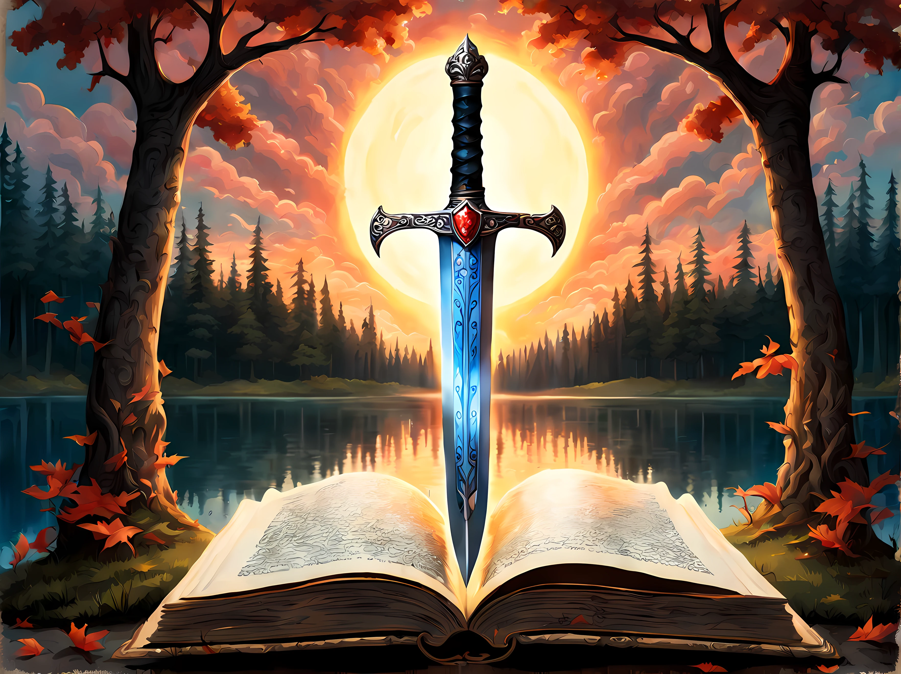 Cute Cartoon, CuteCartoonAF, (cute cartoon style:1.3), (on an antique book page with gothic ornate:1.3). | ((distant view of legendary sword and shield floating)) above a lake, surrounded by tall forest. | The sword has divine captivating aura, glowing with soft blue light. | The shield has a phoenix image, glowing with soft red light. | More_Detail