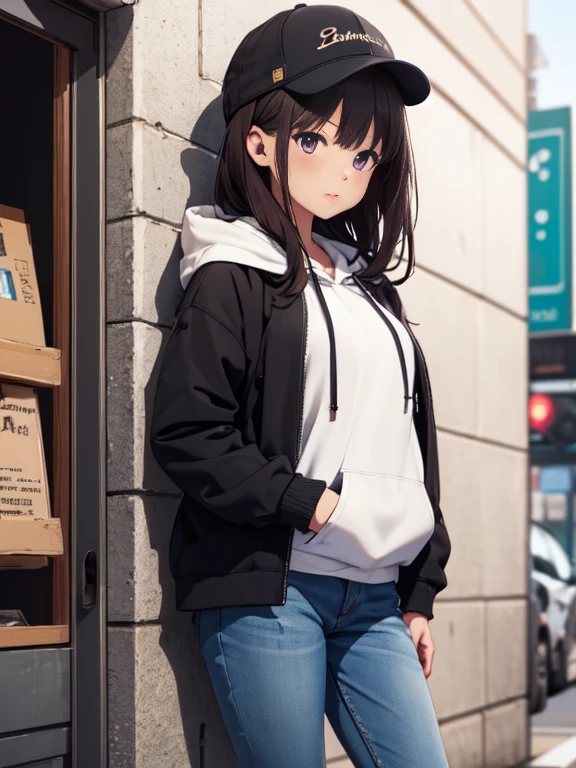 masutepiece, Best Quality, {Best Quality}, {{masutepiece}}, {hight resolution}, Illustration, 1girl in, Inoue Takina, bob katan, Black hair, (Purple eyes:1.2), blush, blue baggy hoodie，Wearing a hood over a hat、baggy jeans，High-cut sneakers，headphones hung around the neck.，Leaning against the wall，Looking at Viewer，In the street