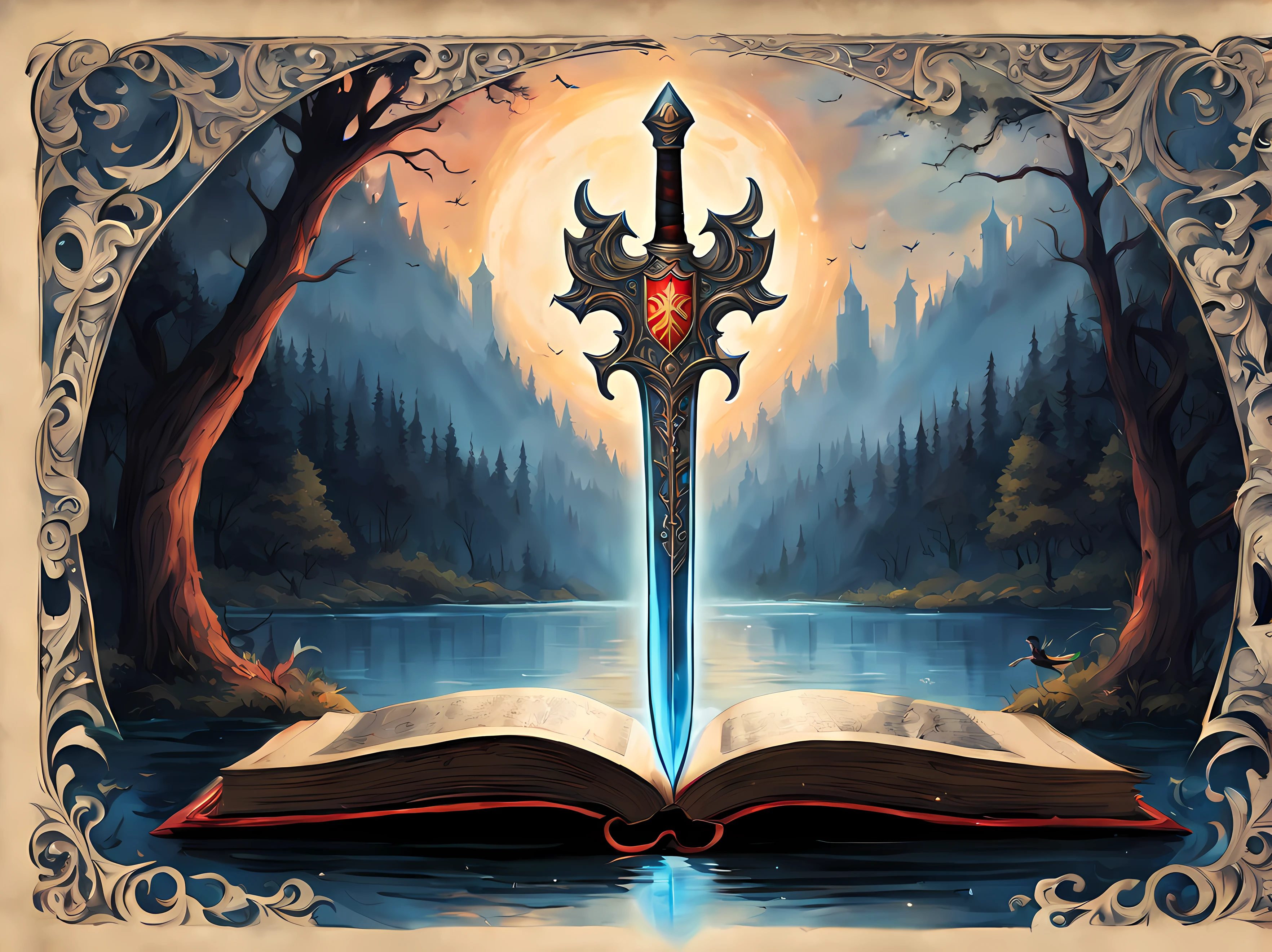 Cute Cartoon, CuteCartoonAF, (cute cartoon style:1.3), (on an antique book page with gothic ornate:1.3). | ((distant view of legendary sword and shield floating)) above a lake, surrounded by tall forest. | The sword has divine captivating aura, glowing with soft blue light. | ((The shield has a phoenix image)), glowing with soft red light. | More_Detail