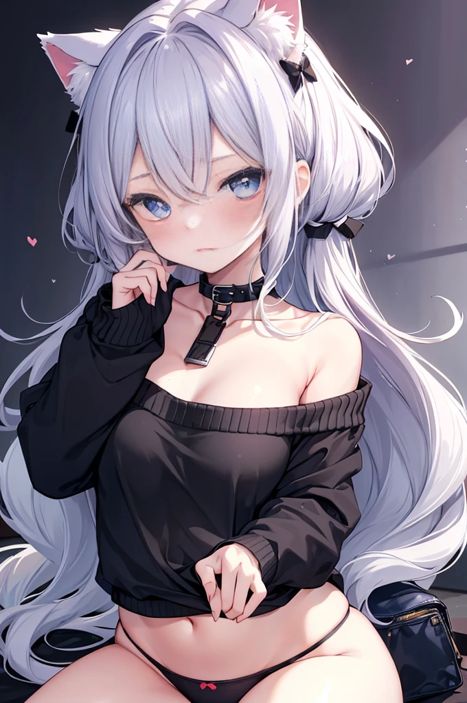 best quality, ultra precision, 1girl, cute, little girl, young, boyish, childish, big breasts, silver hair, cat ears, blue eyes, beautiful eyes, girl, ecstasy, sailor collar, estrus, metestrus, start to undress, naughty mood, she loves you, lost virgin, virgin, blush, sexy, beautiful skin, big bow on chest I'm not wearing panties BLUE SWEATER, BLACK SHIRT, SHIRT UNDER SWEATER, OFF SHOULDER TOP) Tsundere
