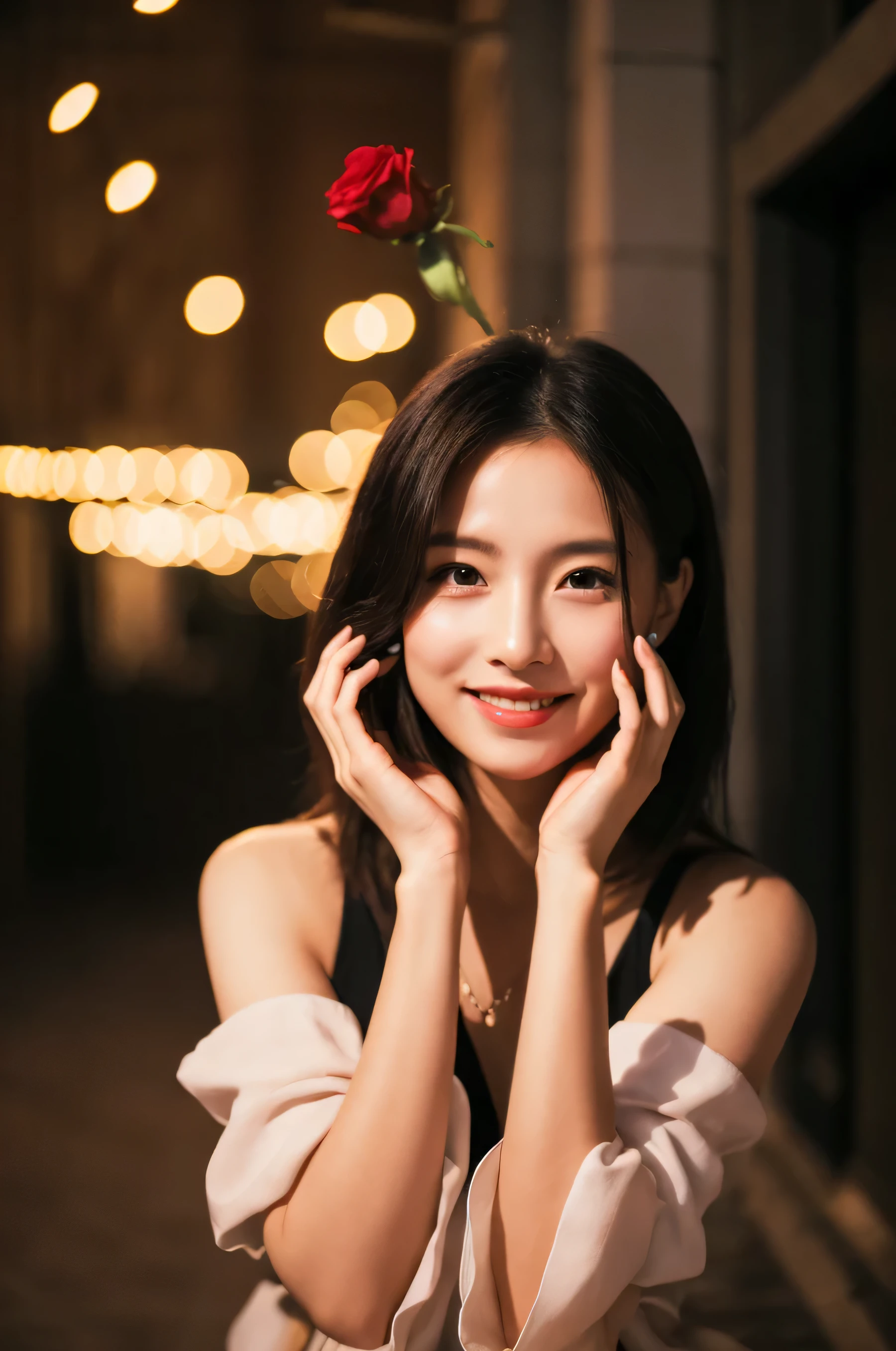 ((best quality)), ((masterpiece)), (Cinematic Aesthetic:1.4) Photo of a beautiful korean fashion model bokeh city night、with rose in the hand smile