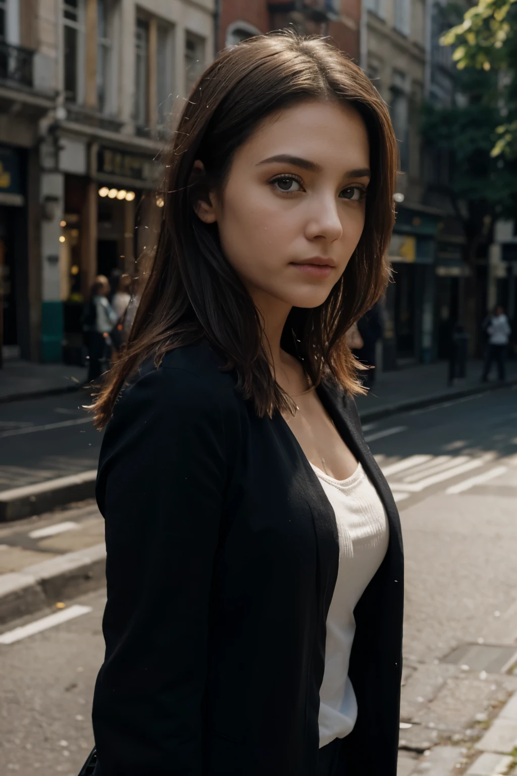 1fille, intricate high detail, Masterpiece, Best quality, extremly detailed, lighting cinematic, beautiful detailed glow, finely detailed beautiful face and eyes, 8k, ombres intenses, yeux jaunes, cheveux moyens, cheveux noirs, frange, cheveux flottants, veste noire, veste ouverte, chemise blanche, inexpressif, Cravate jaune, Jupe noire, projecteur, soleil, lever du soleil, Degraded sky, ville, Lens Flare, [[Sinueuse]], [femelle mature]