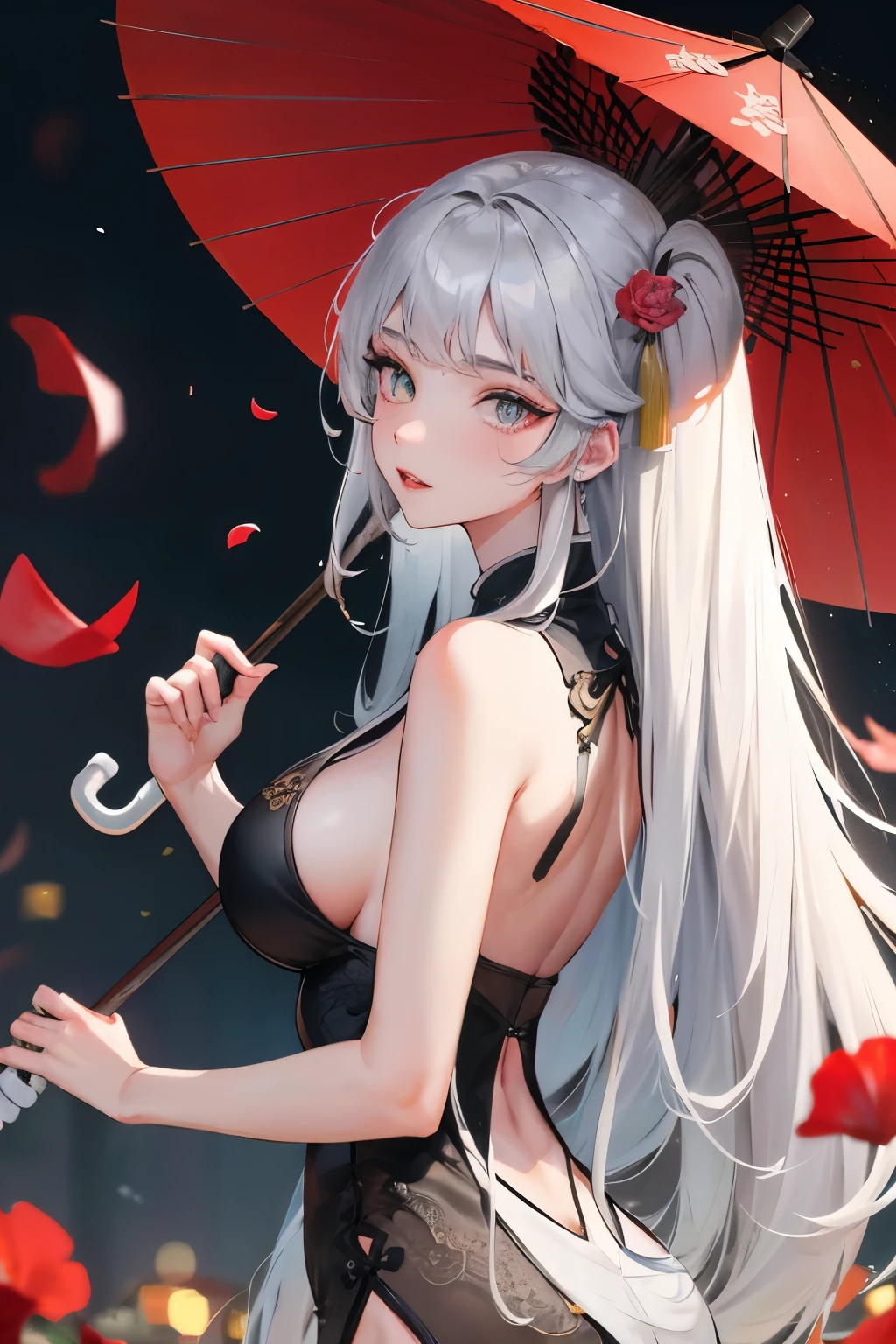 8K, Masterpiece, Best Quality, night time, full moon, 1 girl, chinese style, Chinese architecture, Mature woman, sister, silver white Long haired woman, Long hair, light pink lips, Calm, Rational, Bangs, gray pupils, assassin, umbrella, umbrella, turn around, backboob, turn backboob, petals flying, gentle face,