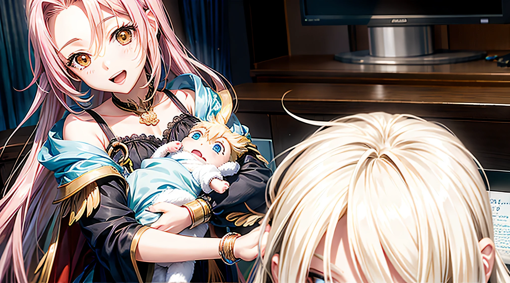anime characters in a scene with a woman holding a baby, Grande Ordem do Destino, visual chave, anime style like boa noite, Captura de tela do filme de anime, Ainda de anime de TV, ainda de anime, divindade de cabelos brancos, captura de tela de um anime de 2012, Anime de hoje ainda em destaque, boa noite, arte chave, popular isekai anime