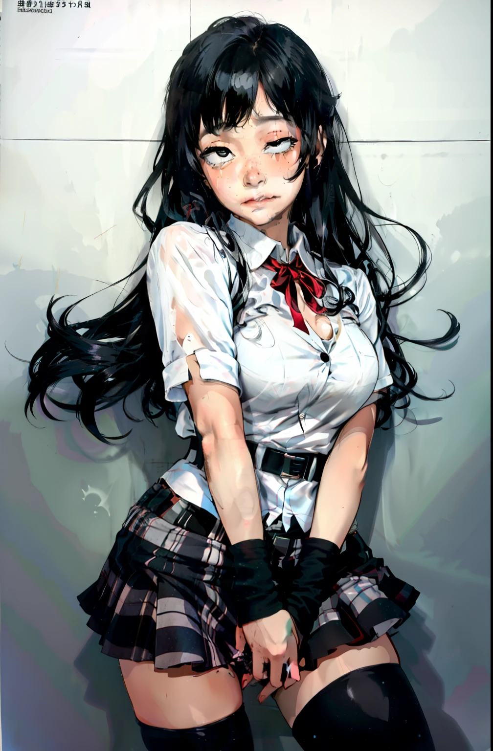 1 girl as yukino yukinoshita, absurdres, highres, solo, school uniform, big breasts, waist long black hair, (twintails:0.5), miniskirt, black thighhigh socks, loose red ribbon, unbuttoned white shirt, (ahegao:1.1), (rolling eyes:1.1), (female masturbation:1.1)