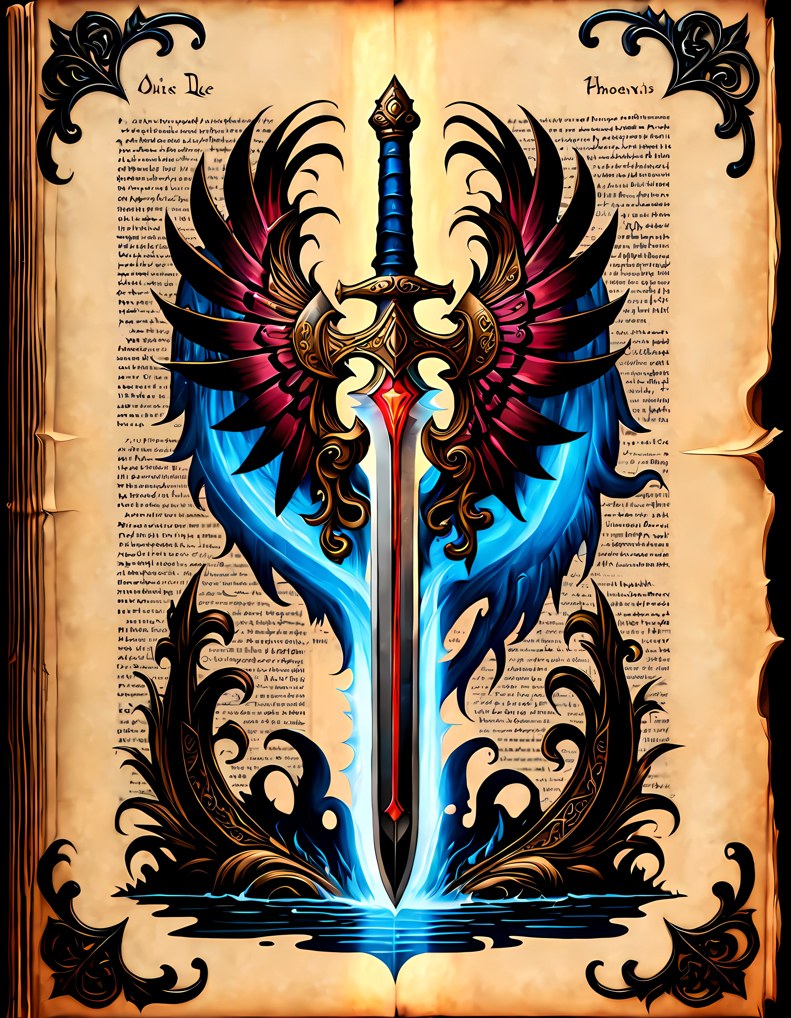 Cute Cartoon, CuteCartoonAF, (cute cartoon style:1.3), (on an antique book page with gothic ornate:1.3). | ((side view of legendary sword and shield lying)), lake, surrounded by tall forest. | The sword has divine captivating aura, glowing with soft blue light. | ((The shield has a phoenix image)), glowing with soft red light. | (Burning waves). | More_Detail
