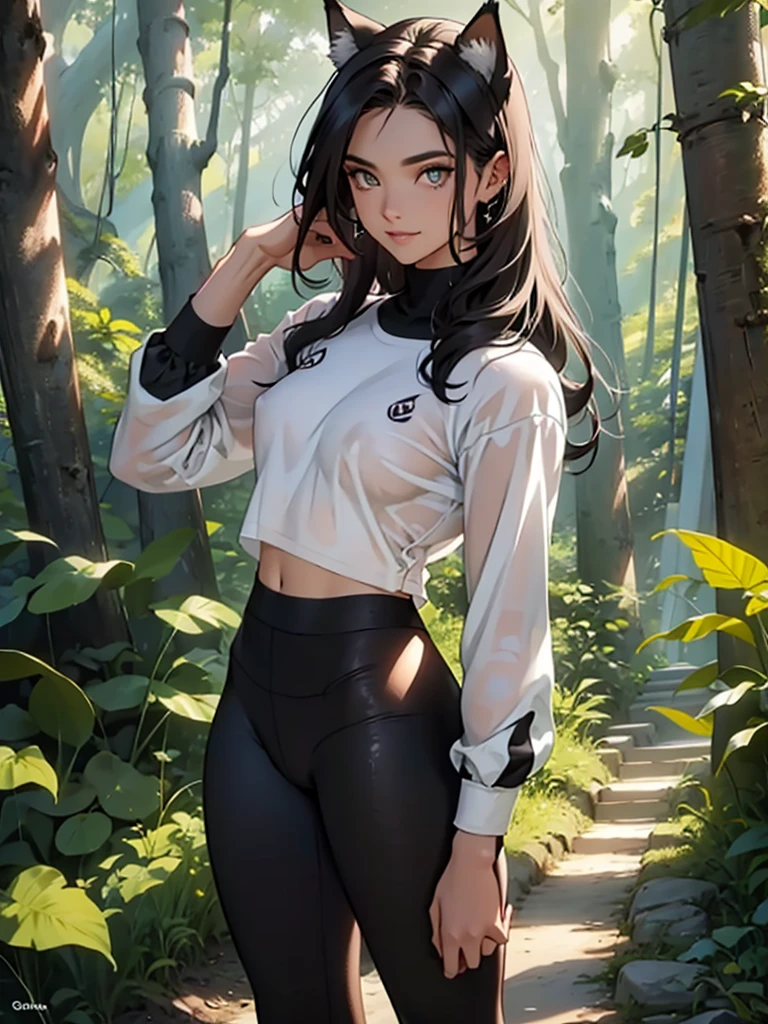 beautiful young warrior with cat ears on her head, com rosto bem detalhado e bonito, belos olhos, belos olhos, rosto lindo, beautiful young woman wearing long brown leggings with black details, sueter apertado branco, Standing in a forest, usando bota preta, cabelo comprido com franja preto, ,orelhas de gato, belo sorriso, tomboy, um pouco musculosa,suter branco com cinta em volta, olhar serio,usando brazer apertado preto