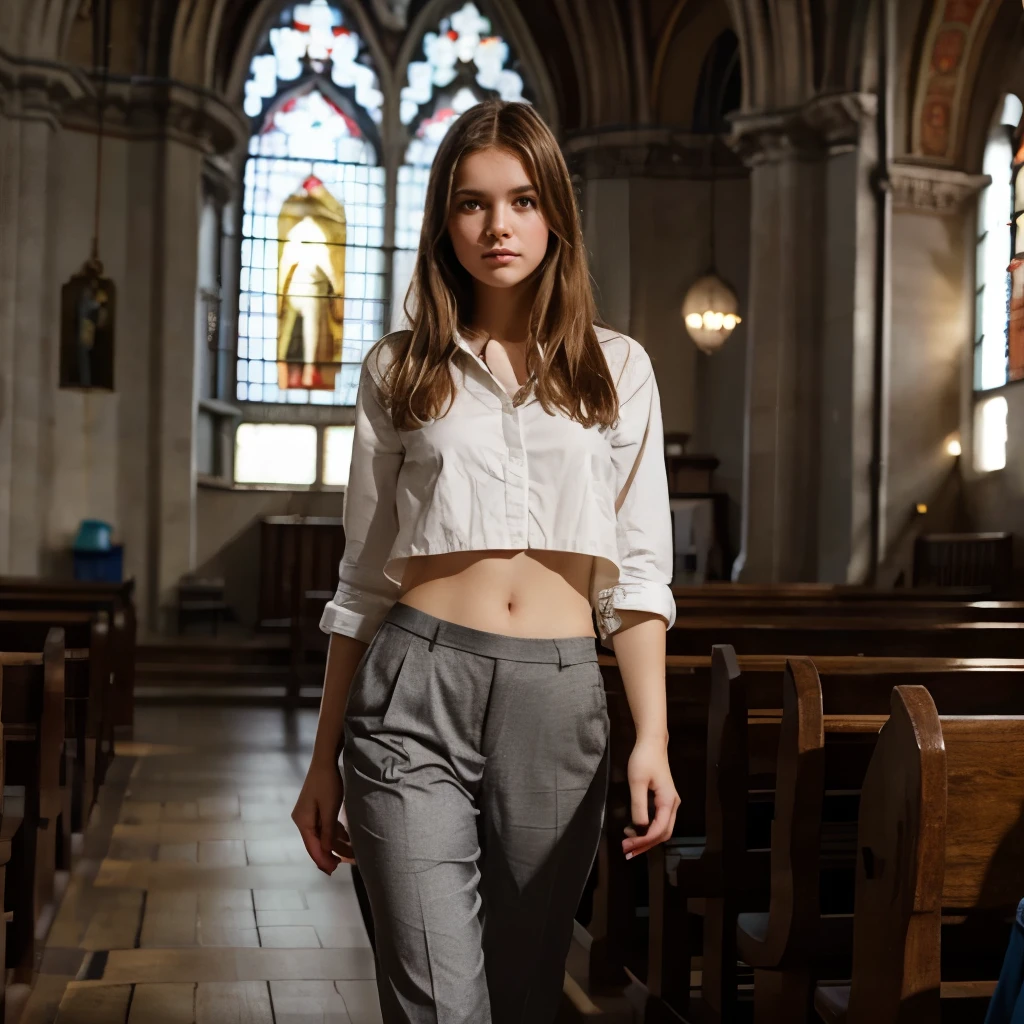 Beautiful Polish is barefoot and cropped in church, ultrarealistic, she wears suitpants, she is standing
