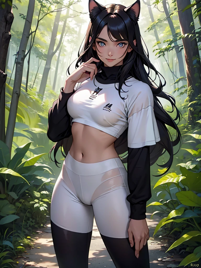 beautiful young warrior with cat ears on her head, com rosto bem detalhado e bonito, belos olhos, belos olhos, rosto lindo, beautiful young woman wearing long brown leggings with black details, sueter apertado branco, Standing in a forest, usando bota preta, cabelo comprido com franja preto, ,orelhas de gato, belo sorriso, tomboy, um pouco musculosa,suter branco com cinta em volta, olhar serio,usando brazer apertado preto