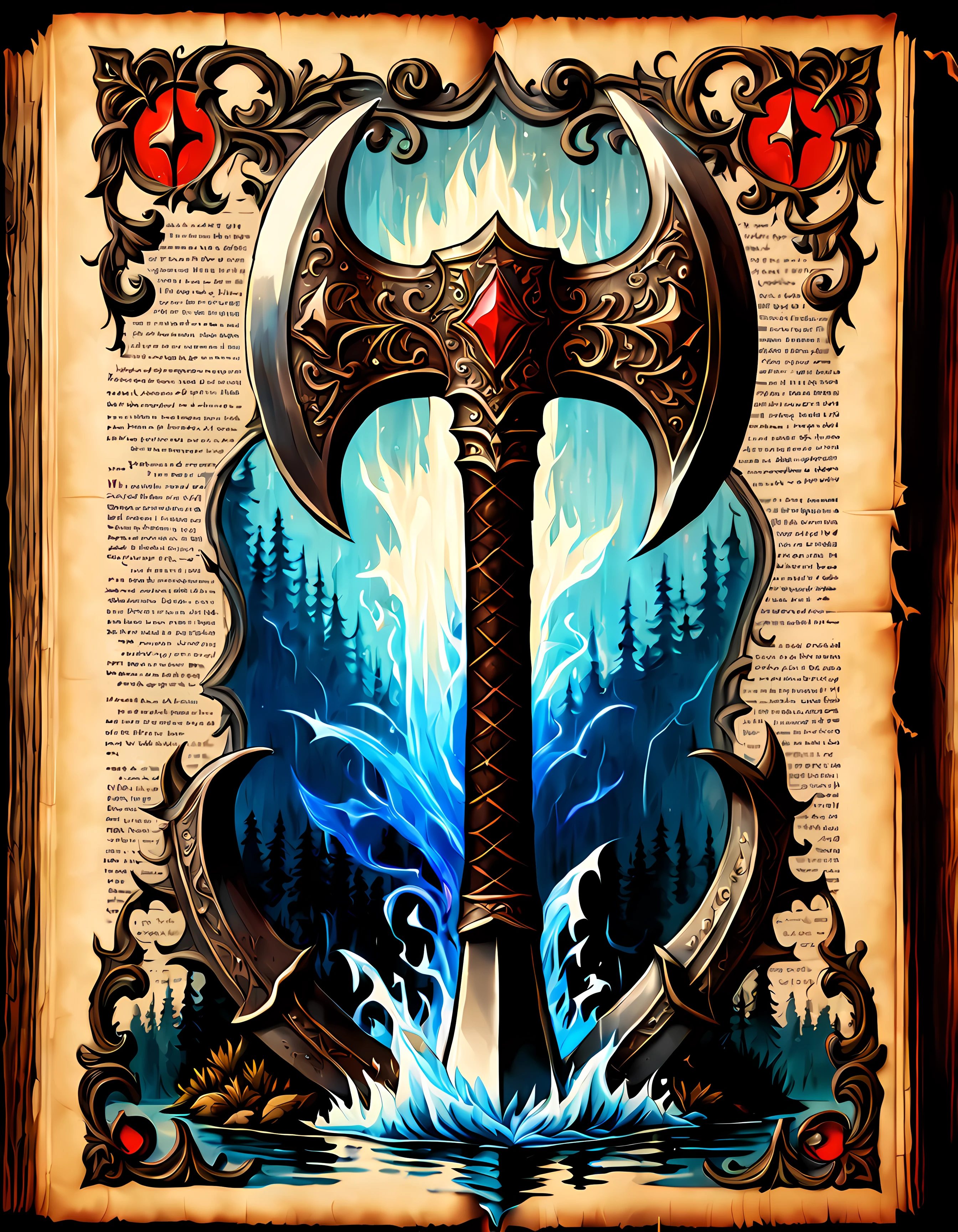 Cute Cartoon, CuteCartoonAF, (cute cartoon style:1.3), (on an antique book page with gothic ornate:1.3). | ((side view of legendary axe and shield lying)), lake, surrounded by tall forest. | The sword has divine captivating aura, glowing with soft blue light. | ((The shield has a dragon image)), glowing with soft red light. | (Burning waves). | More_Detail