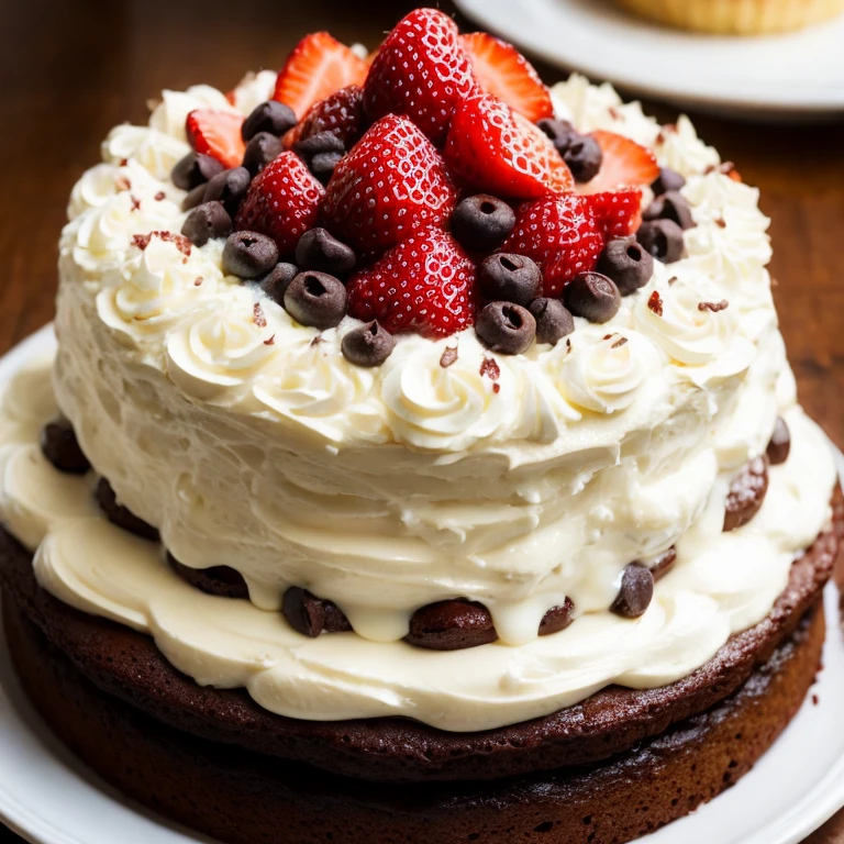 Chocolate cake with strawberries and cream, cut, On the plate, close - up, Delicious