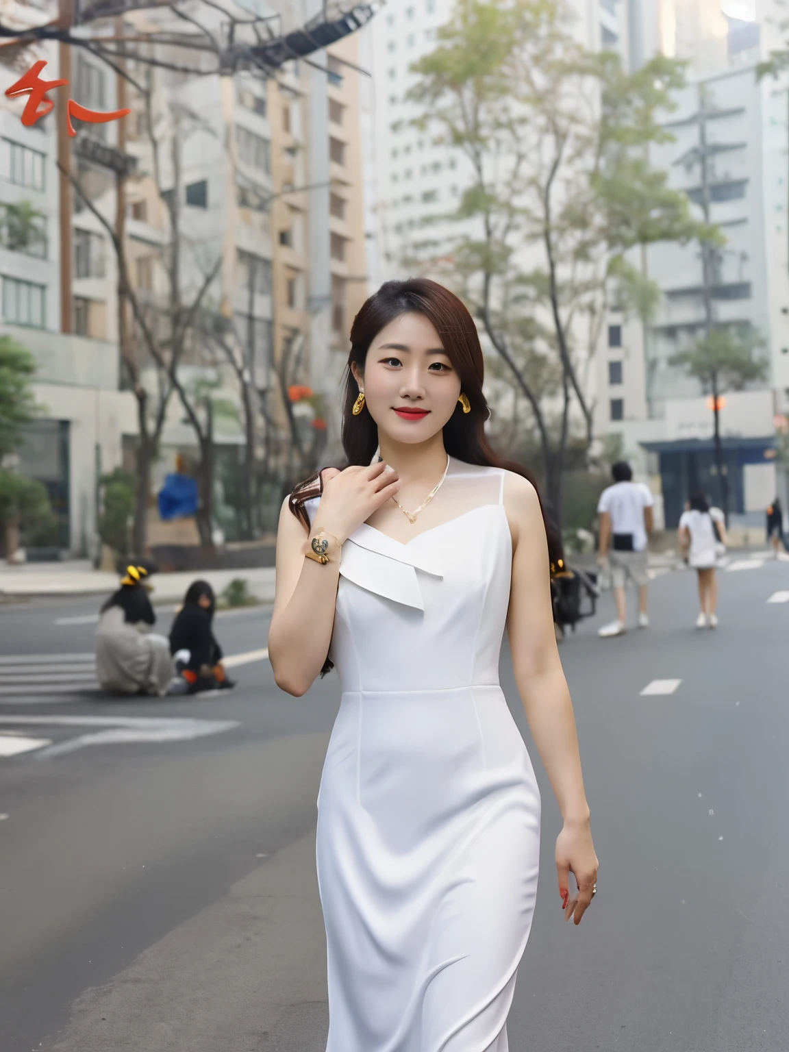 One lady. araki, wears a white dress, Stand in front of the building, wenfei ye, xintong chen, 2 , 30 year-old woman, 30 year old female, Zhang Wanting, chengyou liu, wenjun lin, 2 9 years oldngchen shen, xue han, jinyiwei, Xision Wu